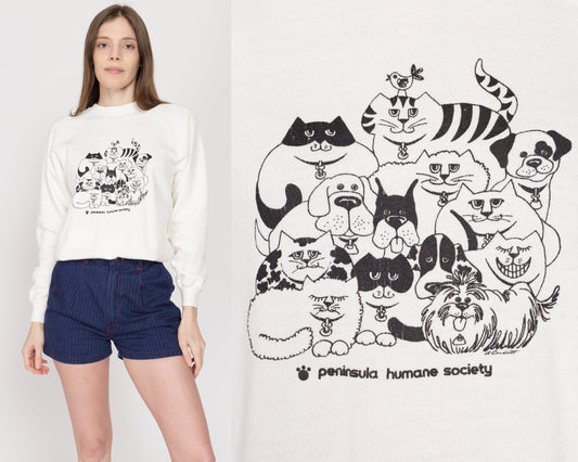Medium 80s Humane Society Cats & Dogs Sweatshirt | Vintage White Cute Cartoon Animal Graphic Raglan Sleeve Crewneck