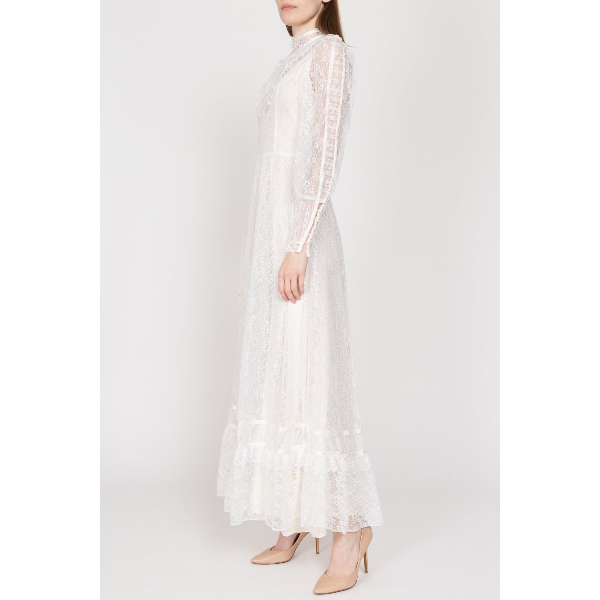 XS 70s Boho White Lace Prairie Wedding Gown | Vintage Long Sleeve Hippie Bridal Formal Maxi Dress