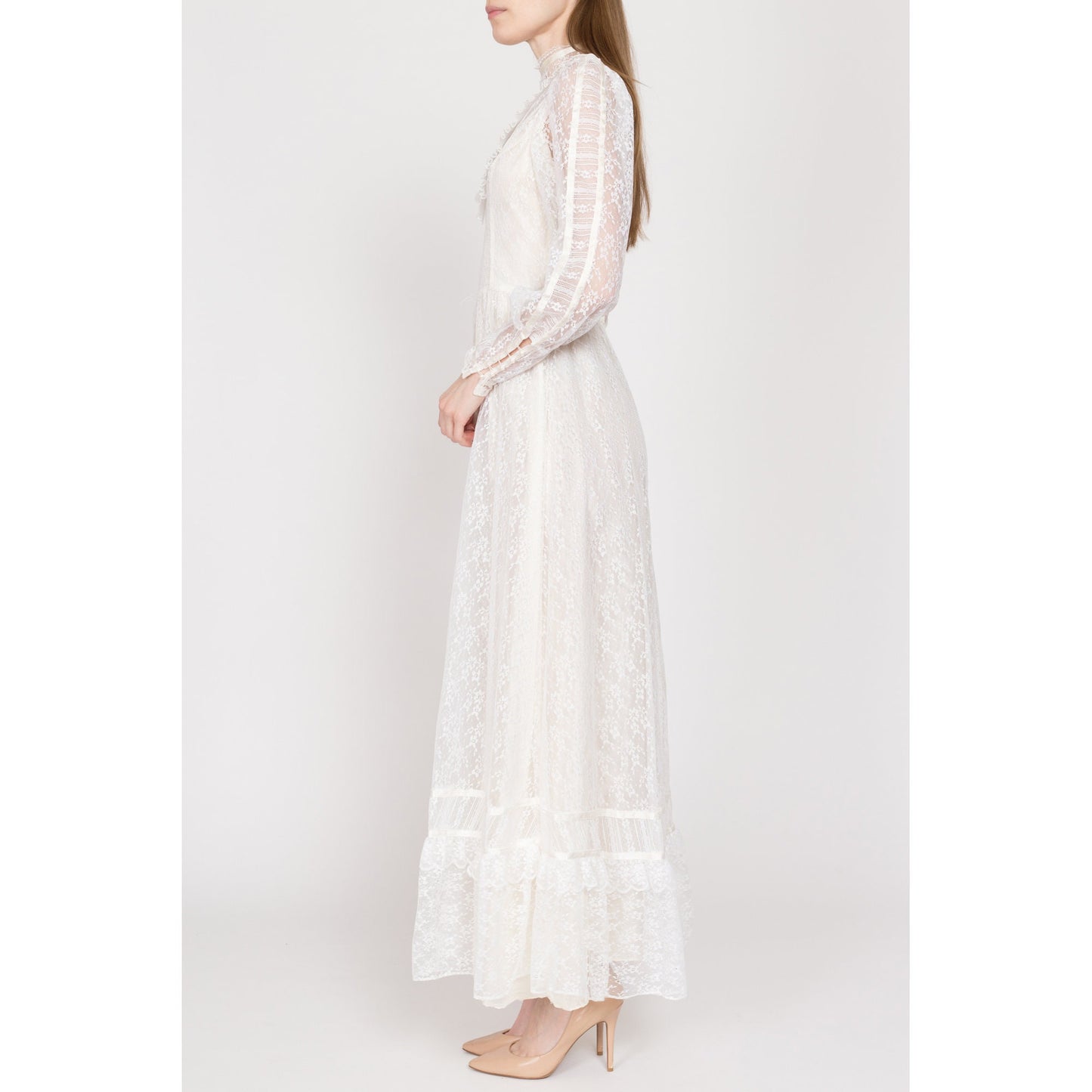 XS 70s Boho White Lace Prairie Wedding Gown | Vintage Long Sleeve Hippie Bridal Formal Maxi Dress