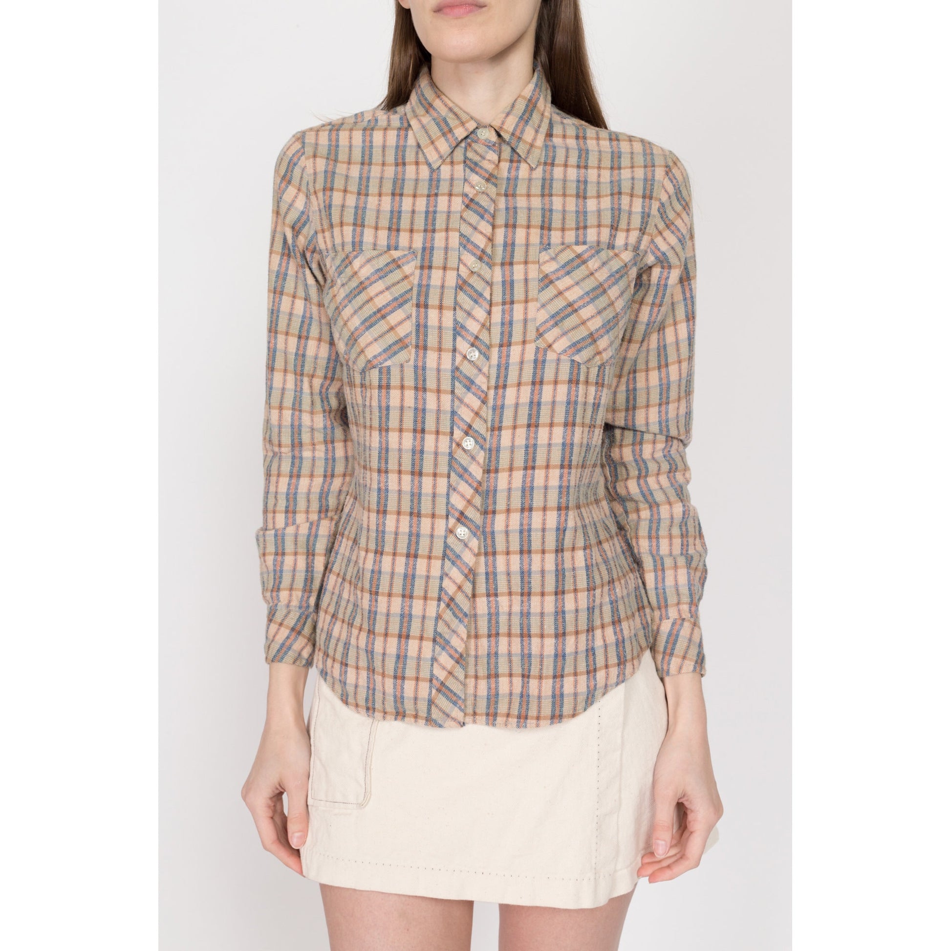 XS 70s Tan Plaid Flannel Shirt | Vintage Button Up Long Sleeve Collared Top