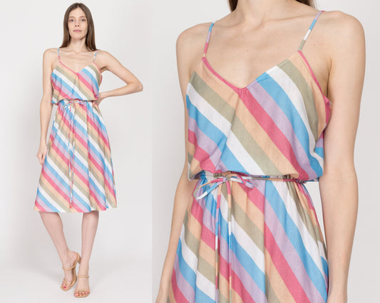 Small 70s Colorful Striped Midi Sundress | Vintage Boho Spaghetti Strap Blouson Dress
