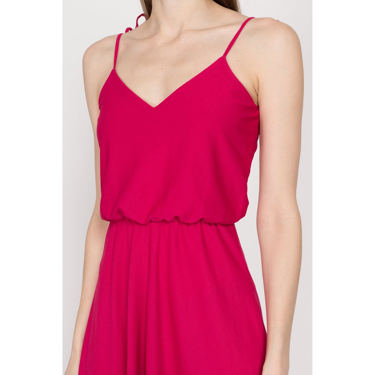XS 70s Raspberry Pink Scarf Hem Party Dress | Vintage Boho Blouson Handkerchief Midi Disco Dress