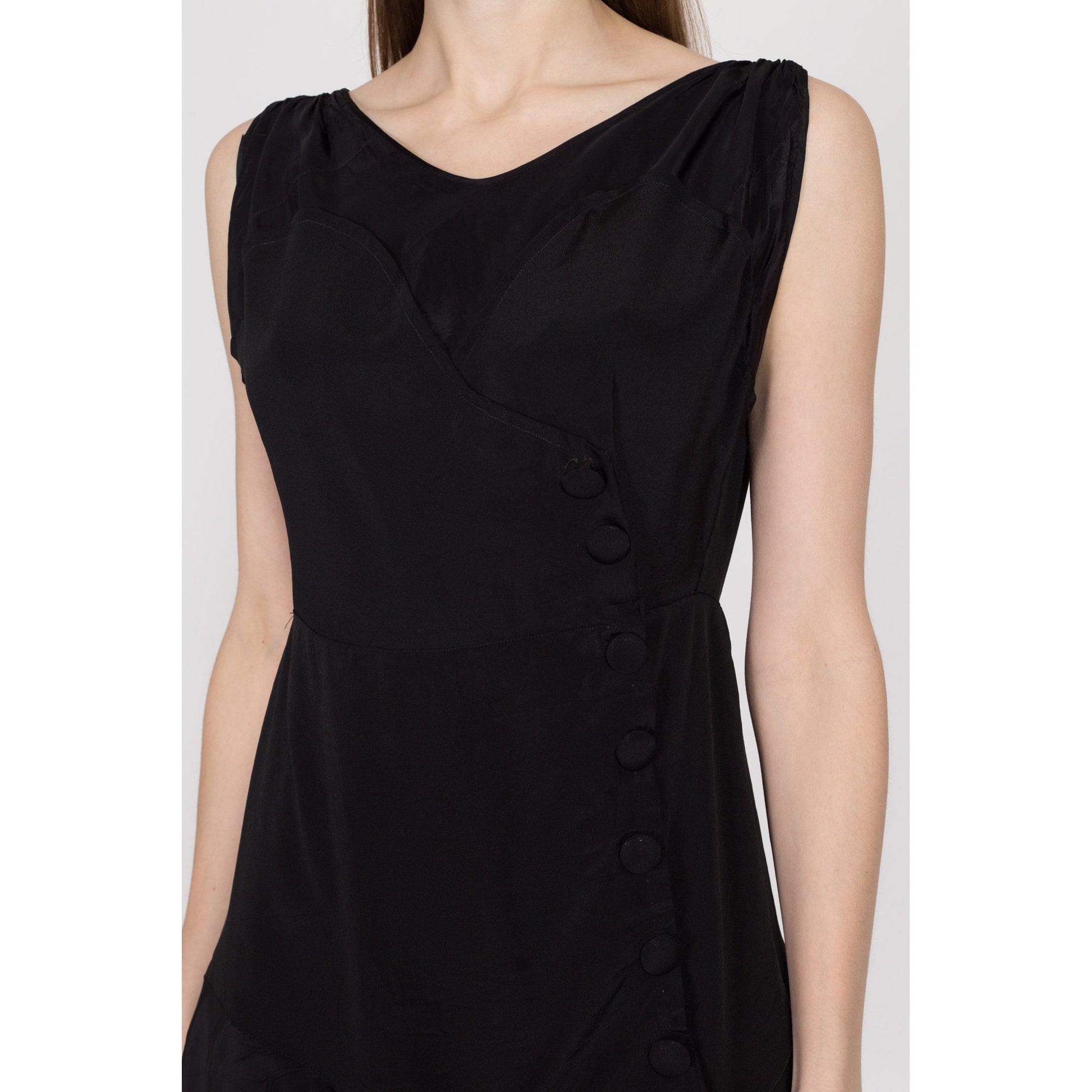 1920s Black Crepe Button Front Mini Dress - Small to Medium Flying Apple Vintage 1920s Black Crepe Button Front Mini Dress - Small to Medium Flying Apple Vintage