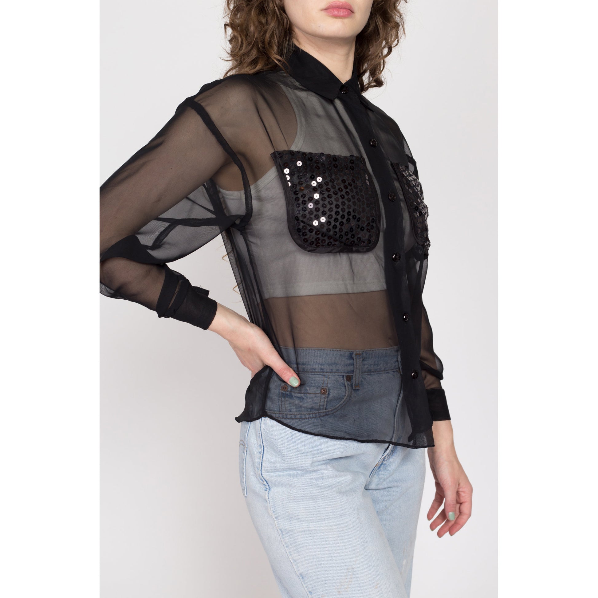 Small 90s Sheer Black Sequin Chest Pocket Blouse | Vintage Button Up Long Sleeve Collared Top