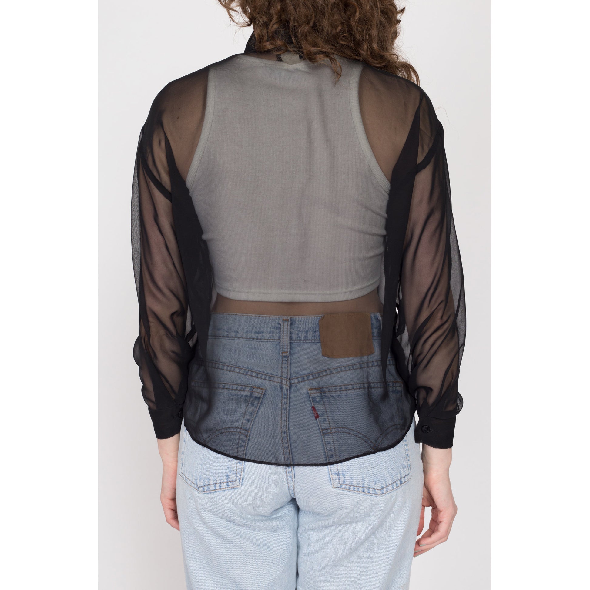 Small 90s Sheer Black Sequin Chest Pocket Blouse | Vintage Button Up Long Sleeve Collared Top