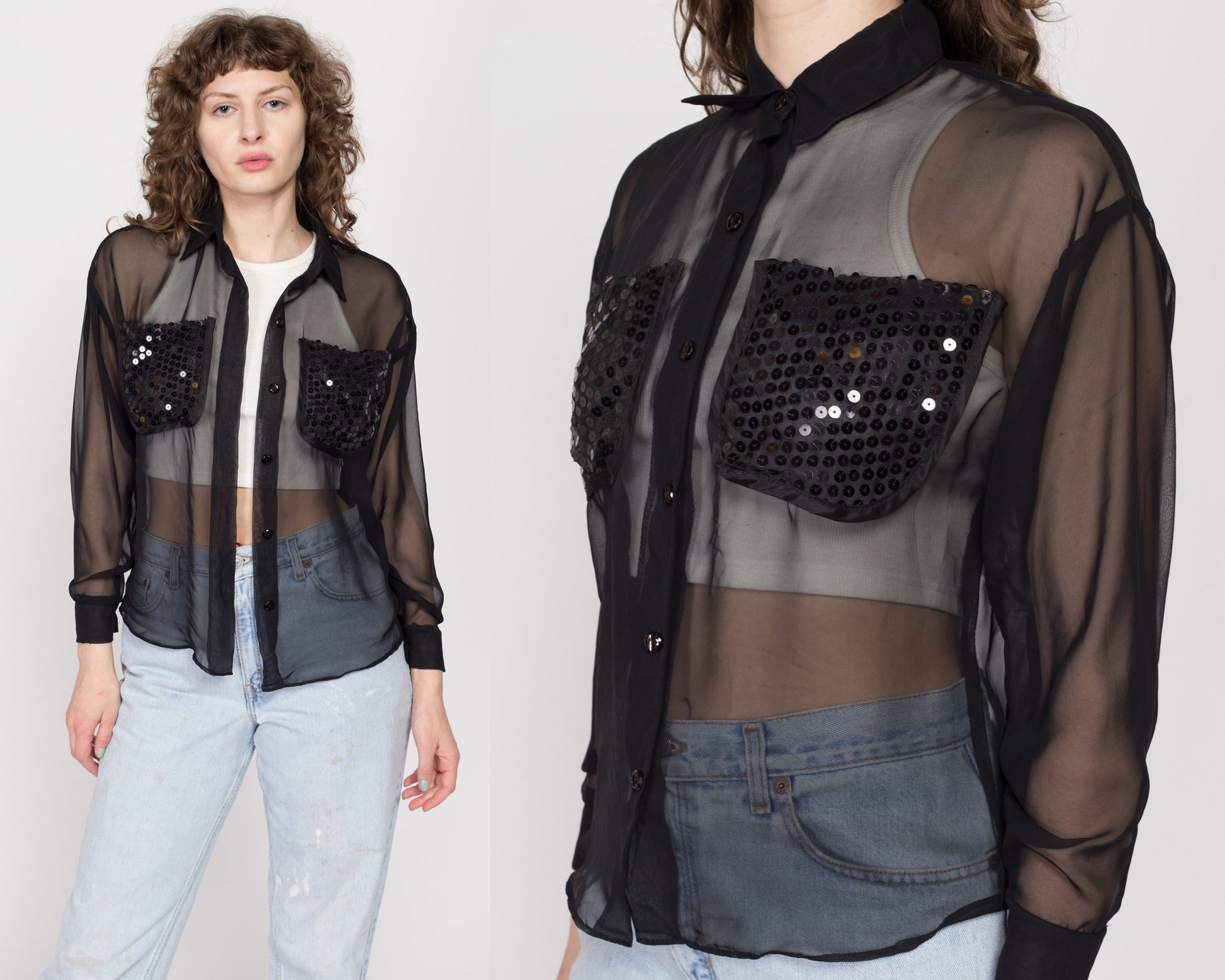 Small 90s Sheer Black Sequin Chest Pocket Blouse | Vintage Button Up Long Sleeve Collared Top