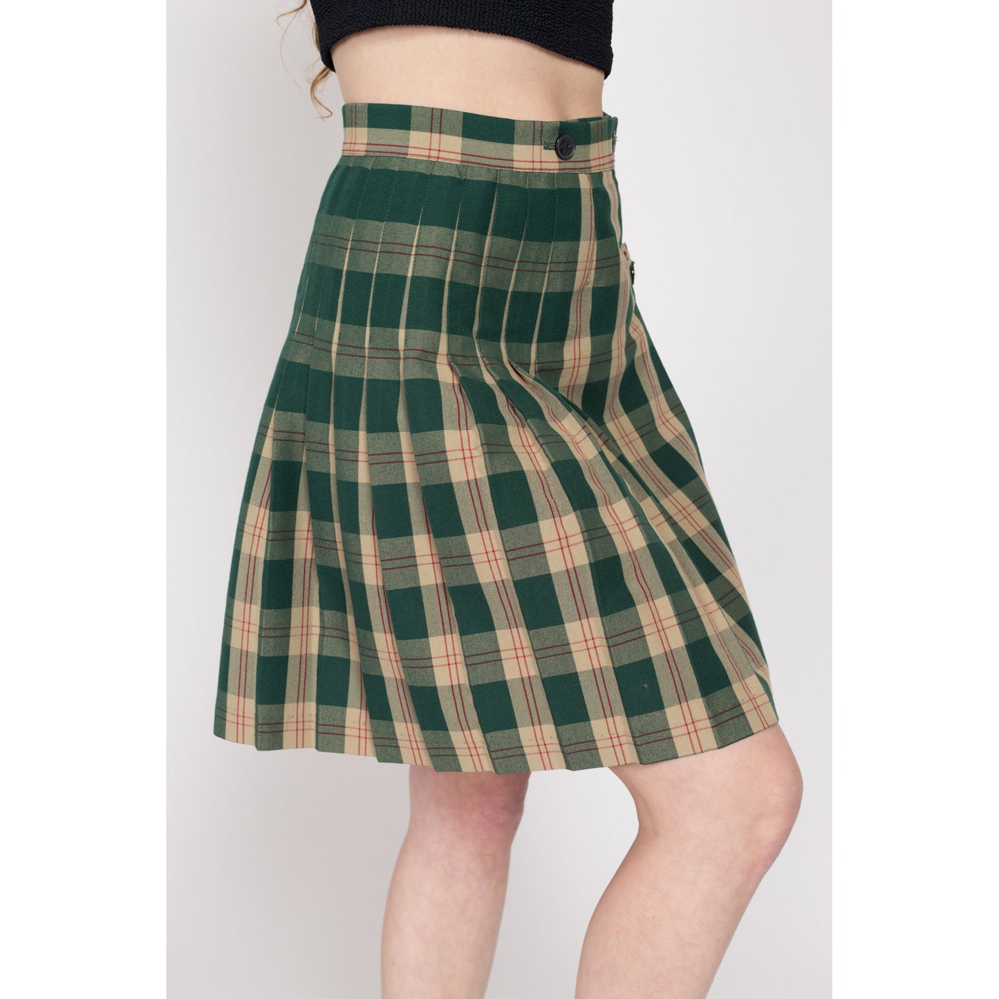 Small 90s Green Plaid Schoolgirl Wrap Skirt 27" | Vintage High Waisted Preppy Pleated Mini Skirt