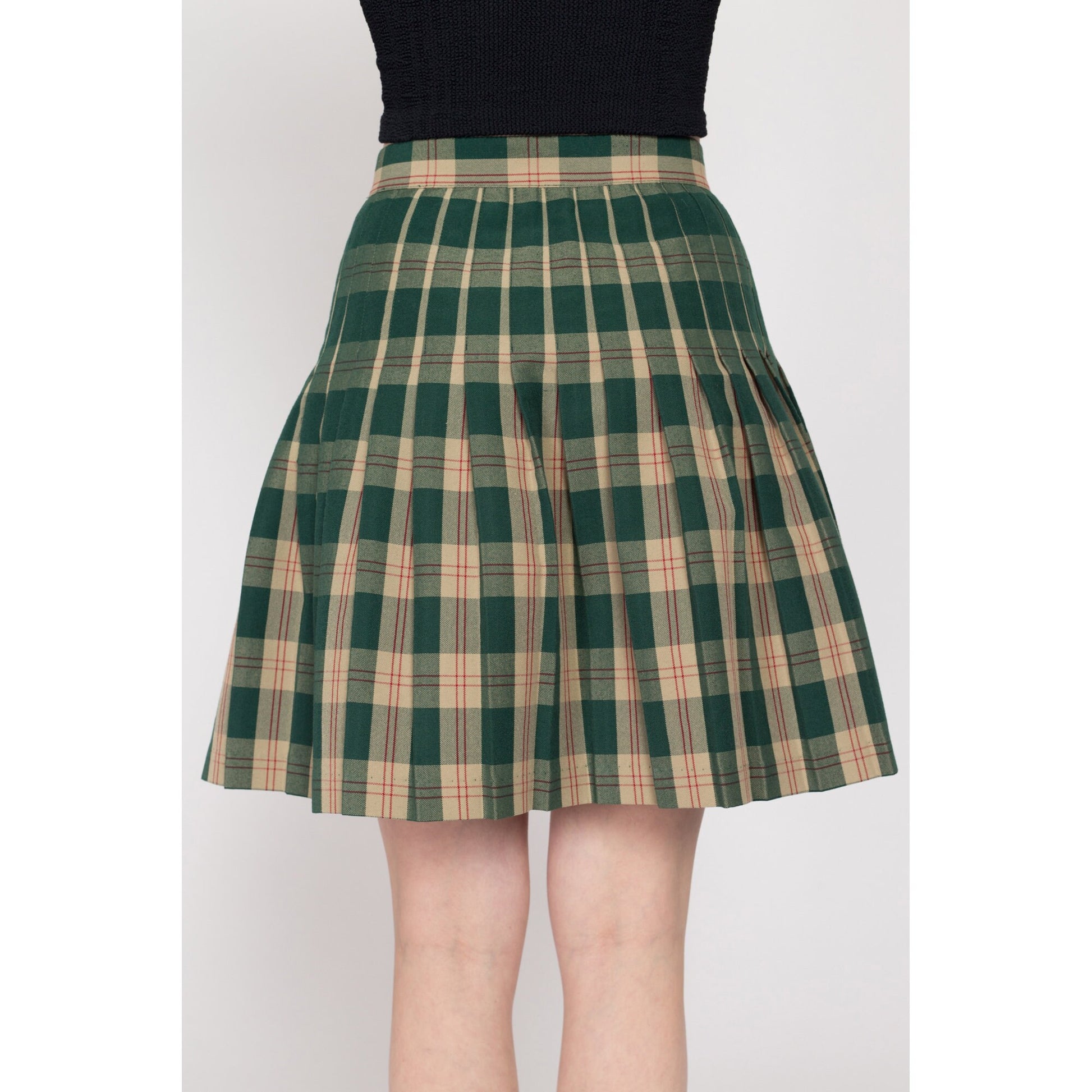 Small 90s Green Plaid Schoolgirl Wrap Skirt 27" | Vintage High Waisted Preppy Pleated Mini Skirt