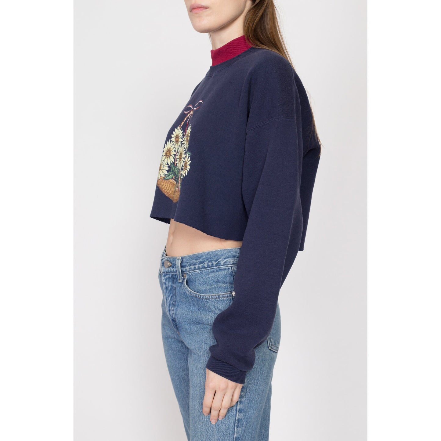 Large 90s Flower Basket Cropped Collared Sweatshirt | Vintage Navy Blue Daisy Floral Mockneck Collar Pullover Crop Top