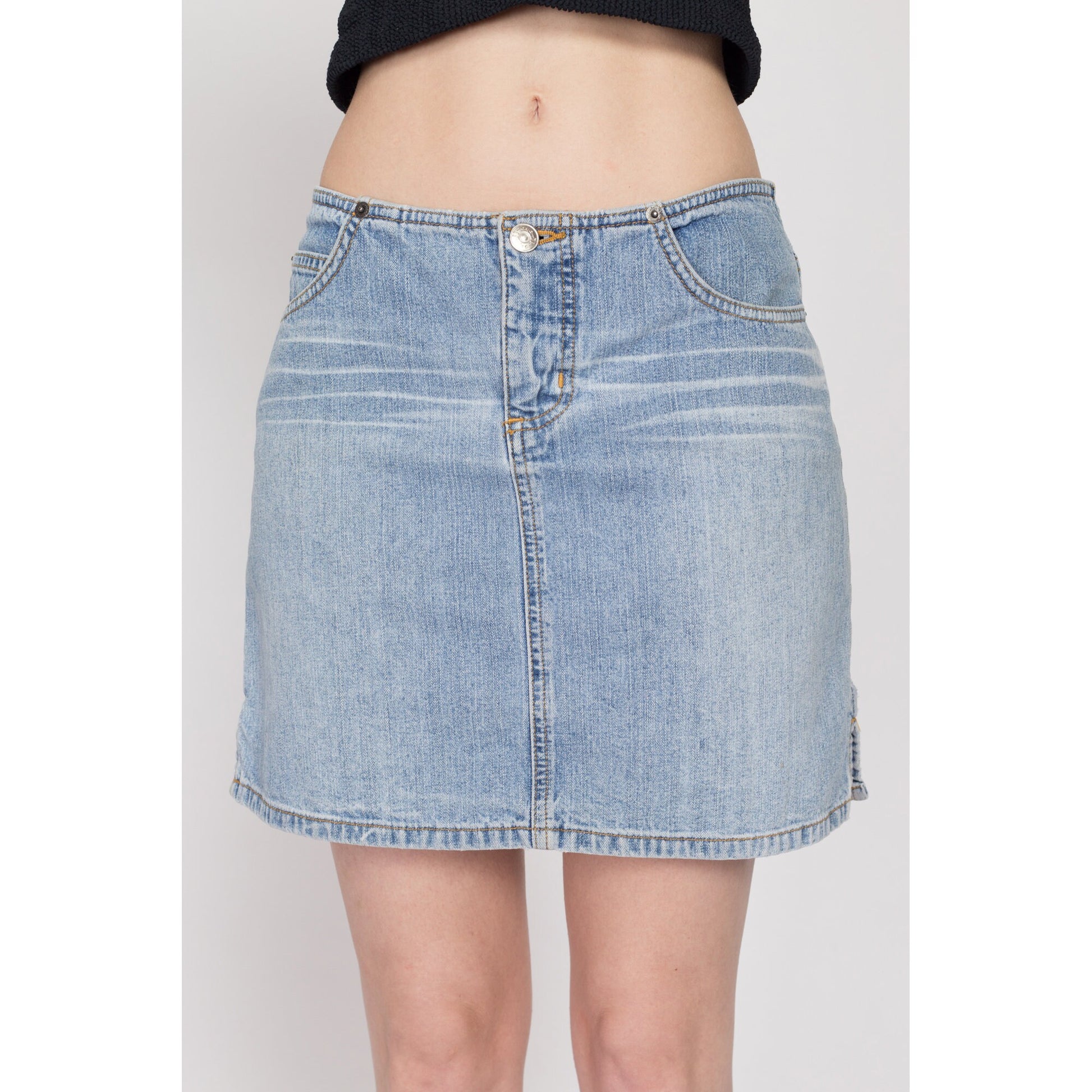 Small Y2K Low Rise Jean Mini Skirt | Vintage Faded Light Wash Denim A Line No Waist Miniskirt
