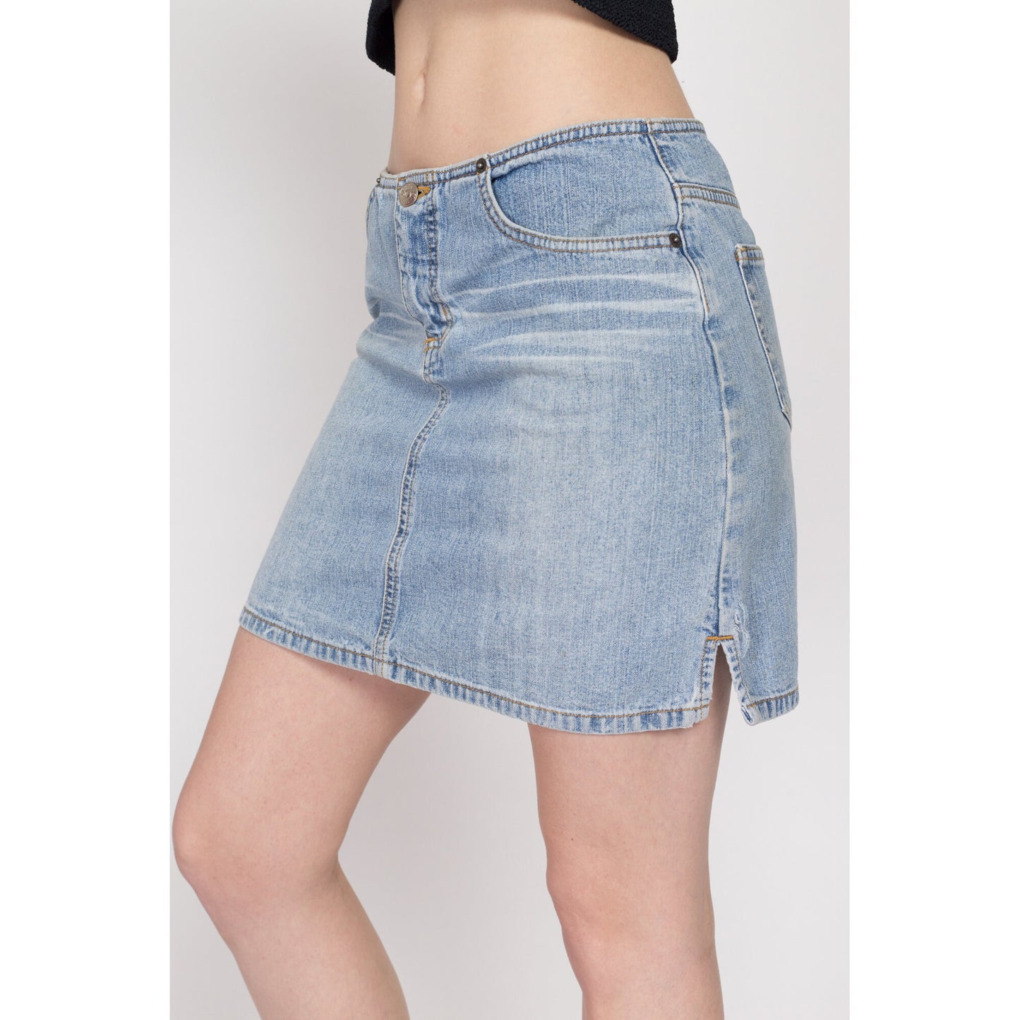 Small Y2K Low Rise Jean Mini Skirt | Vintage Faded Light Wash Denim A Line No Waist Miniskirt