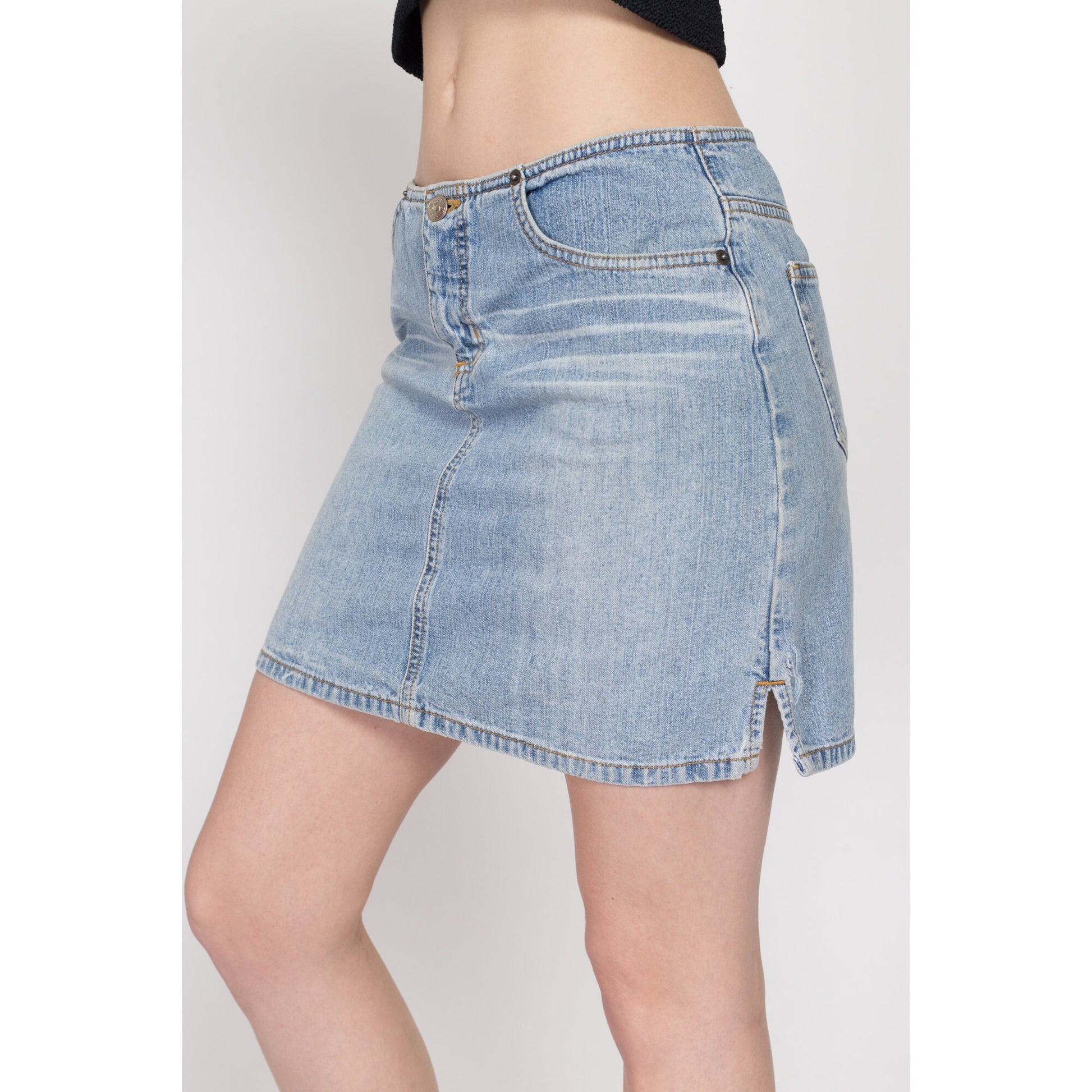 Small Y2K Low Rise Jean Mini Skirt | Vintage Faded Light Wash Denim A Line No Waist Miniskirt
