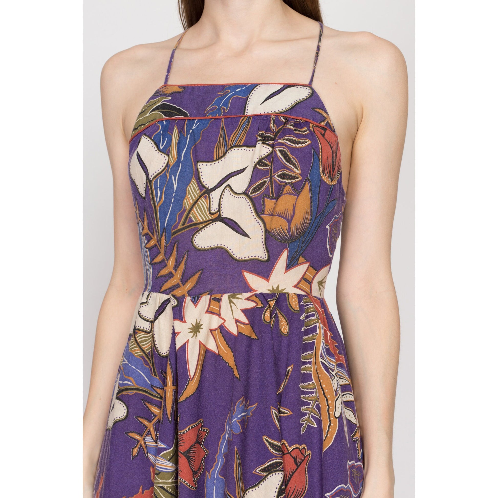 XS 70s Boho Purple Floral Backless Midi Sundress XS 70s Boho Purple Floral Backless Midi Sundress