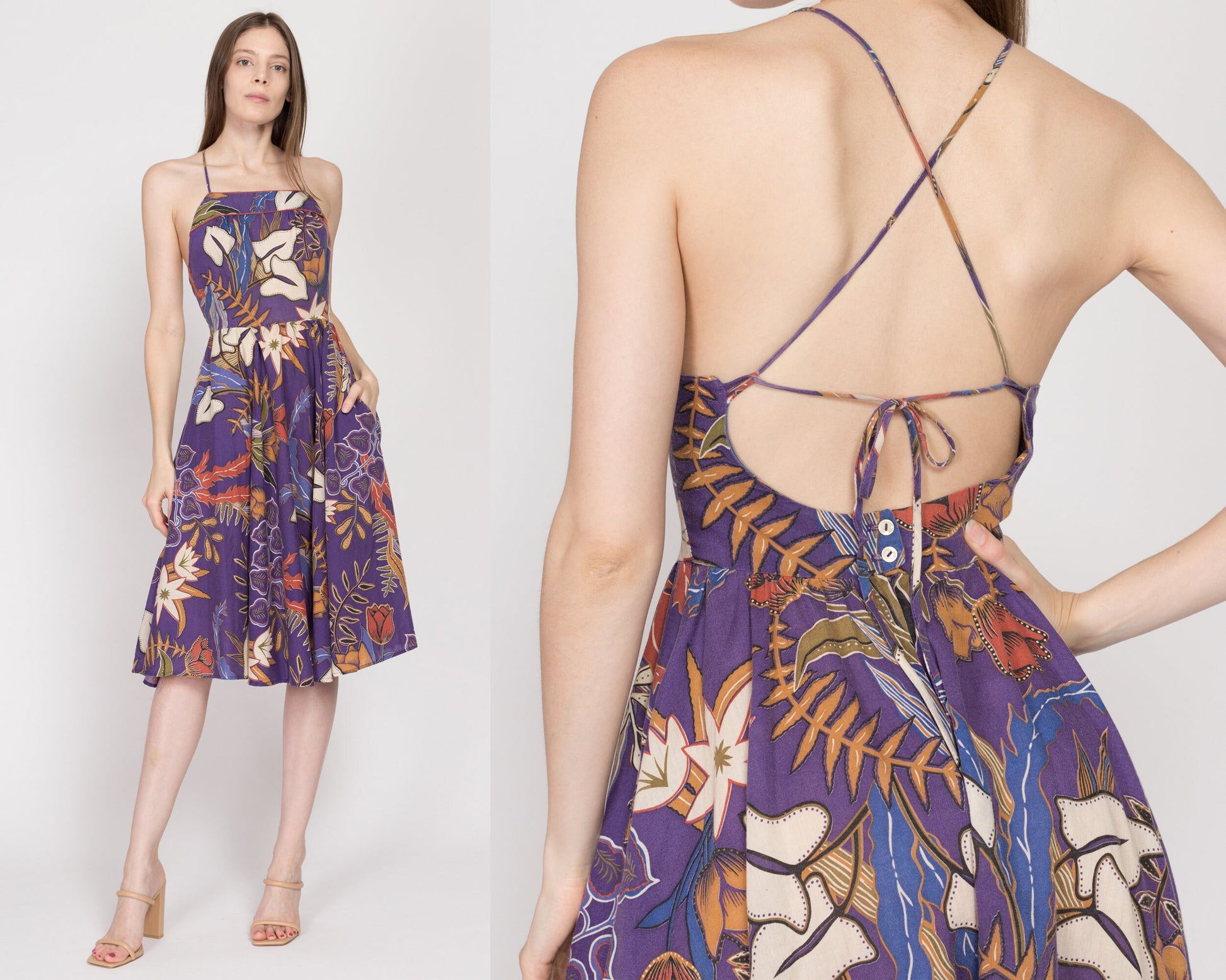 XS 70s Boho Purple Floral Backless Midi Sundress – Flying Apple Vintage
