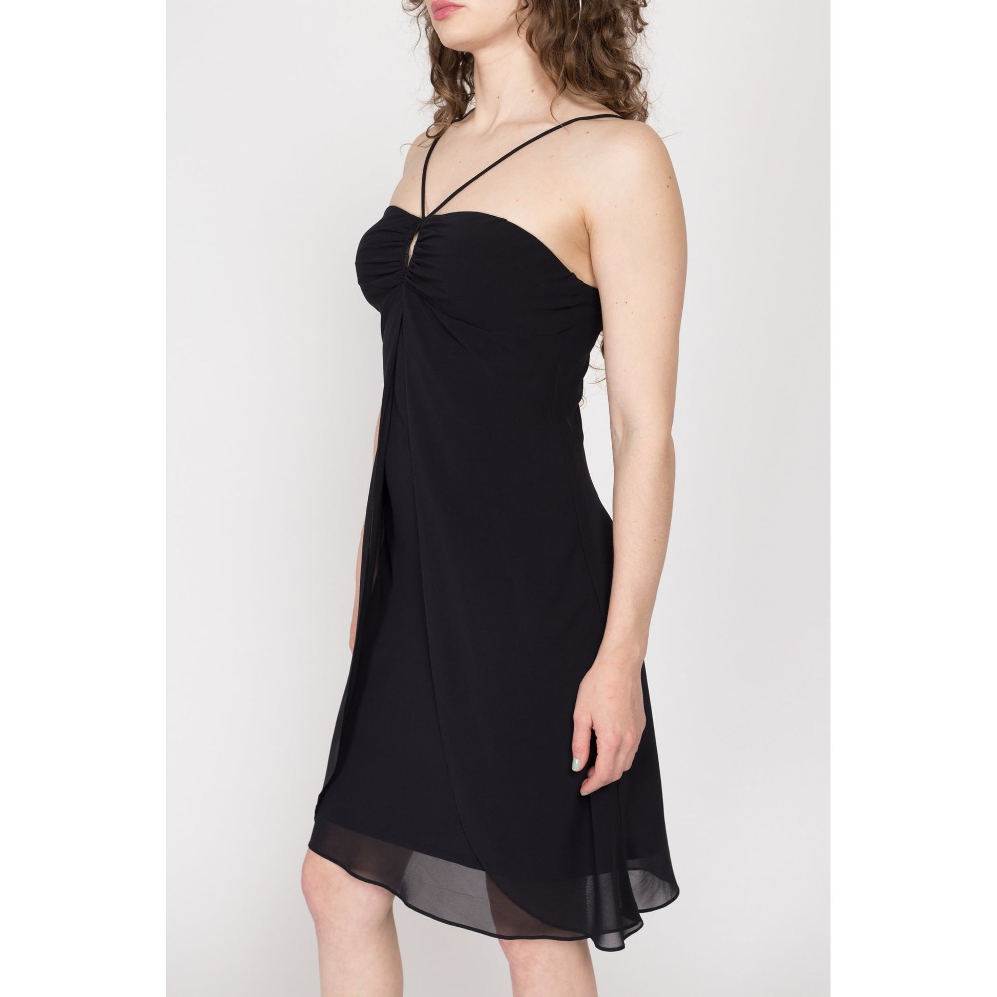 Sm-Med 90s Flowy Black Mini Party Dress | Vintage Keyhole Neck Spaghetti Strap Cocktail Dress