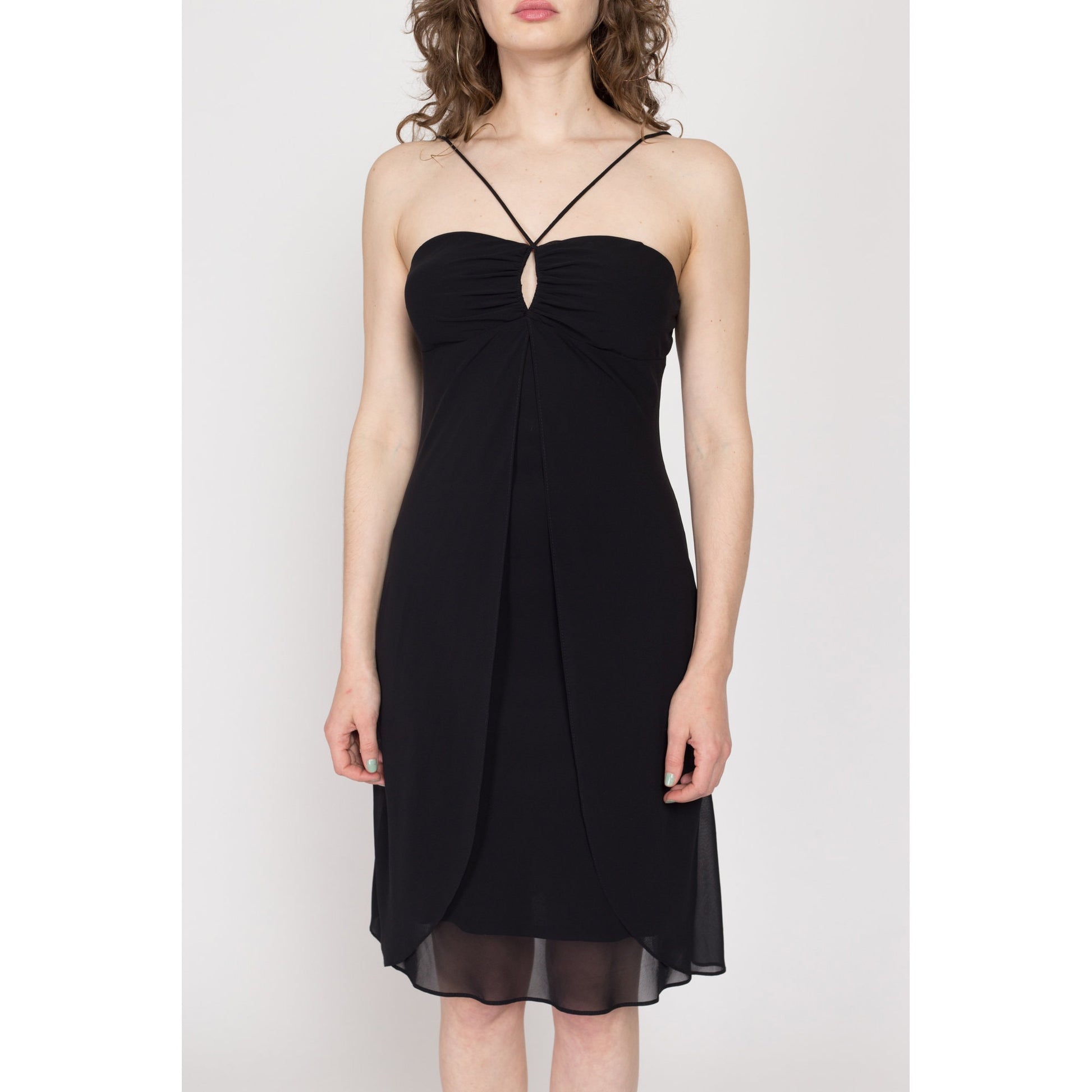 Sm-Med 90s Flowy Black Mini Party Dress | Vintage Keyhole Neck Spaghetti Strap Cocktail Dress