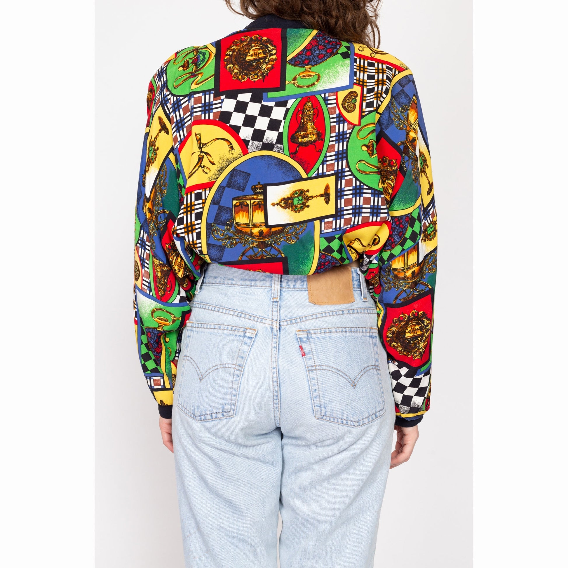 One Size 80s Baroque Print Cropped Bomber Jacket | Vintage Drawstring Waist Grunge Red Green Slouchy Zip Up Lightweight Jacket