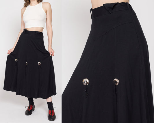 Medium 80s Black Western Concho Maxi Skirt | Vintage Gothic Fit Flare Yoke Waist Boho Festival Skirt