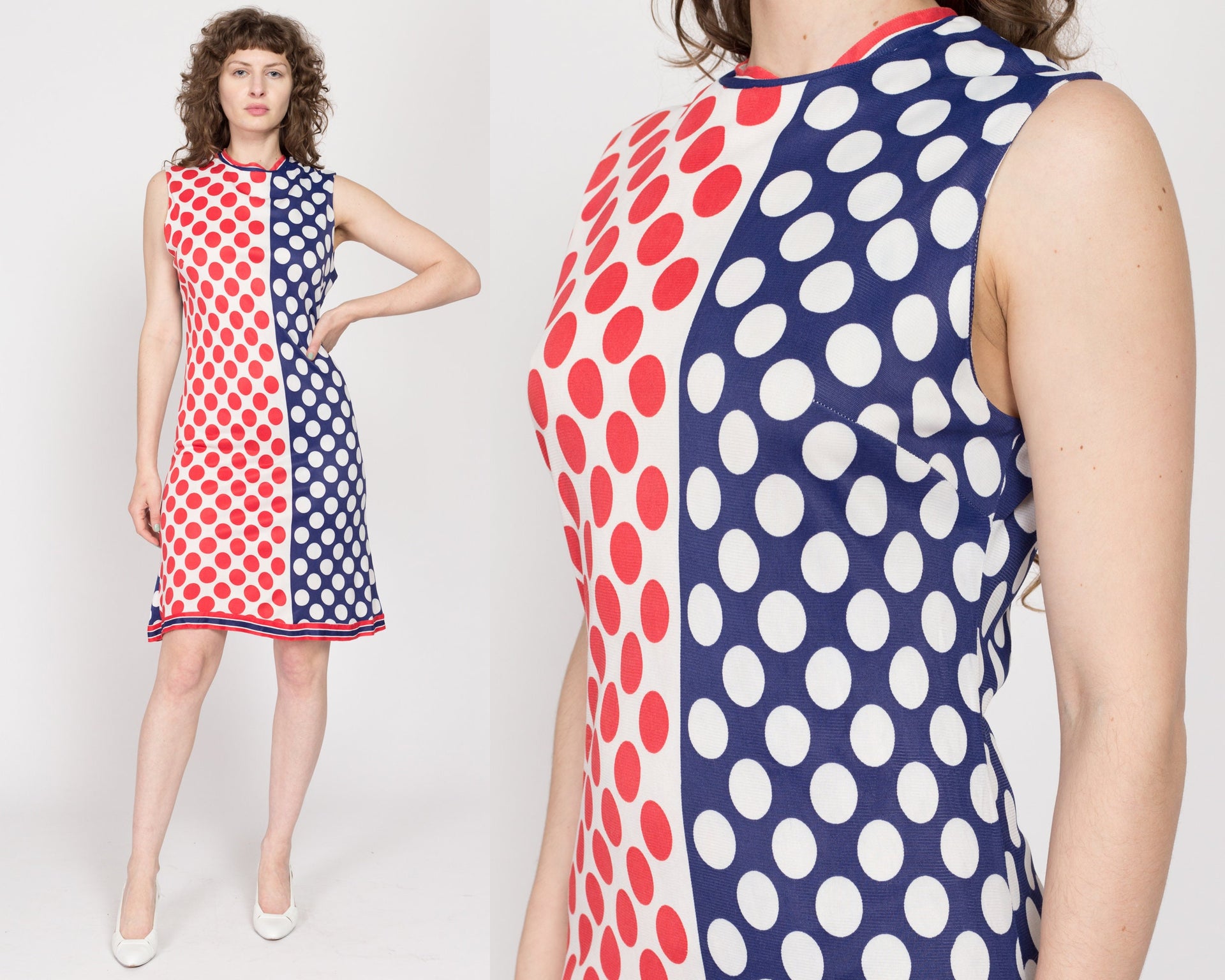 60s Red White & Blue Polka Dot Mod Mini Dress