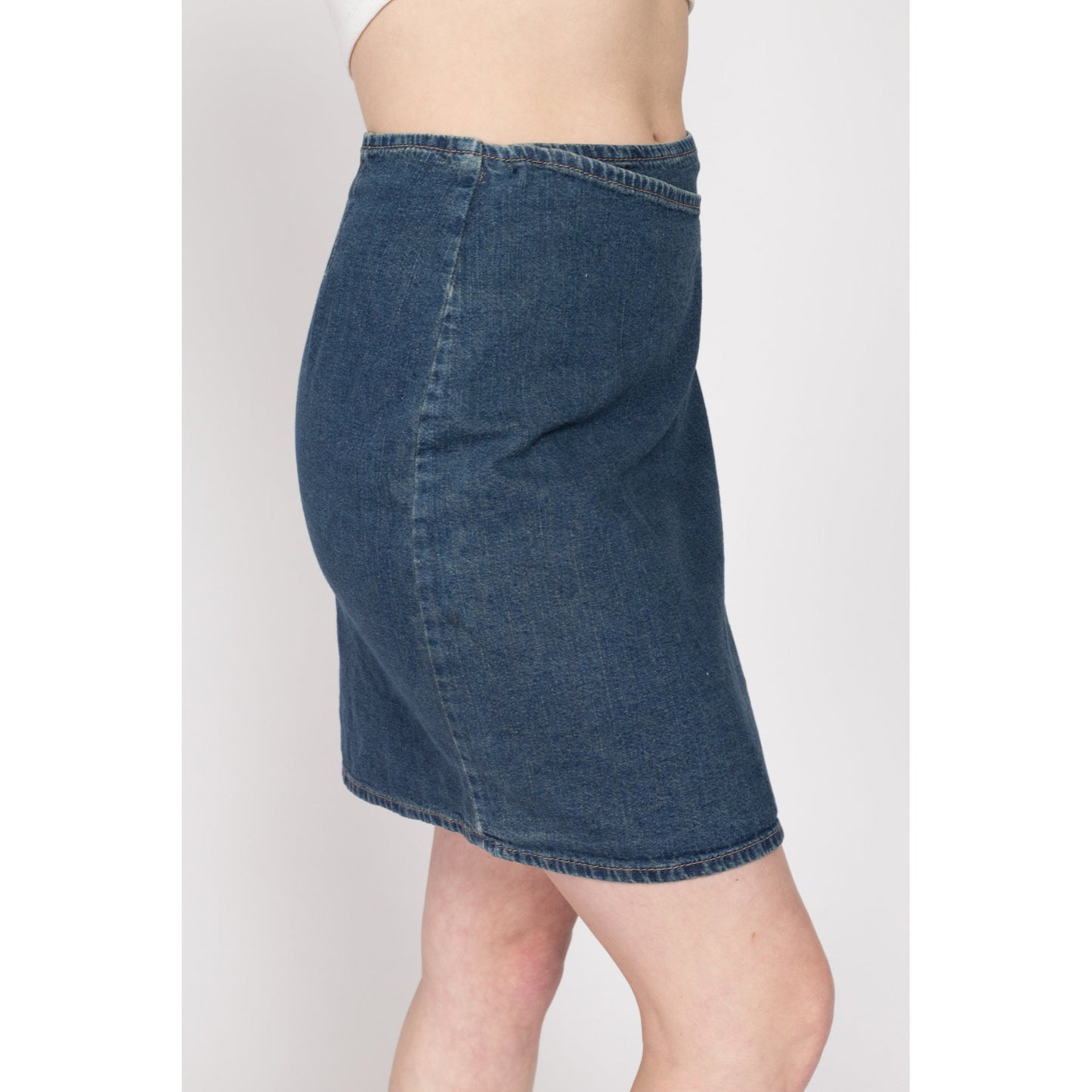 XS 90s Denim Low Rise Wrap Mini Skirt | Vintage Blue Jean A Line Minimalist Miniskirt