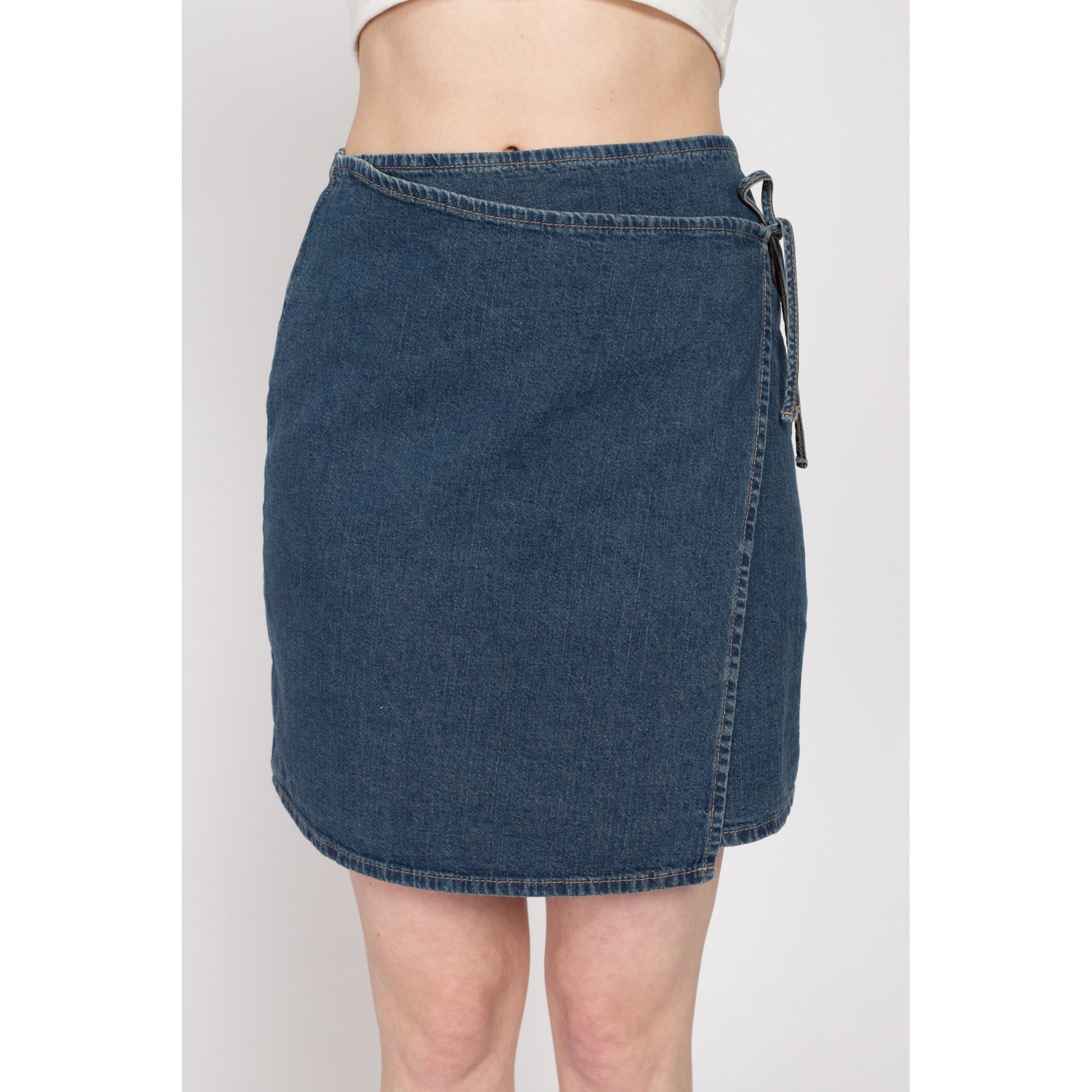 XS 90s Denim Low Rise Wrap Mini Skirt | Vintage Blue Jean A Line Minimalist Miniskirt