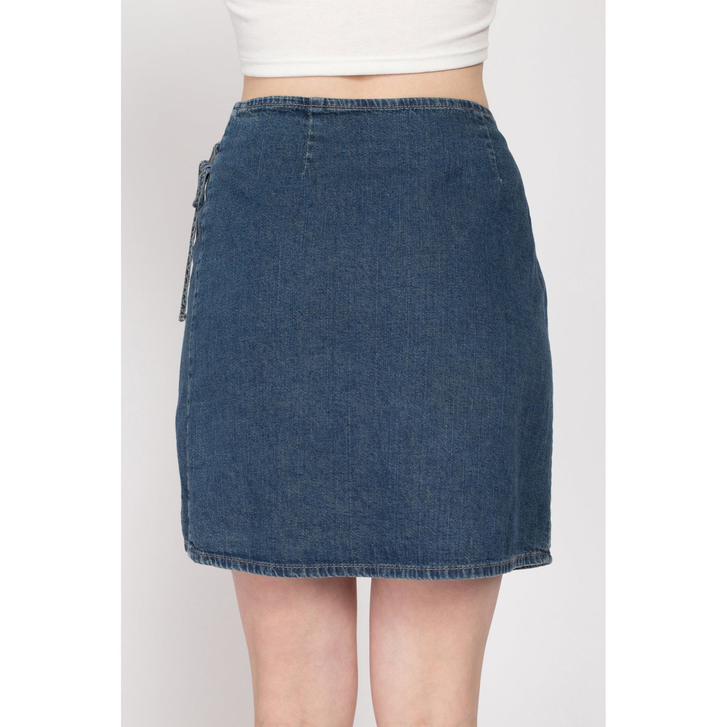 XS 90s Denim Low Rise Wrap Mini Skirt | Vintage Blue Jean A Line Minimalist Miniskirt