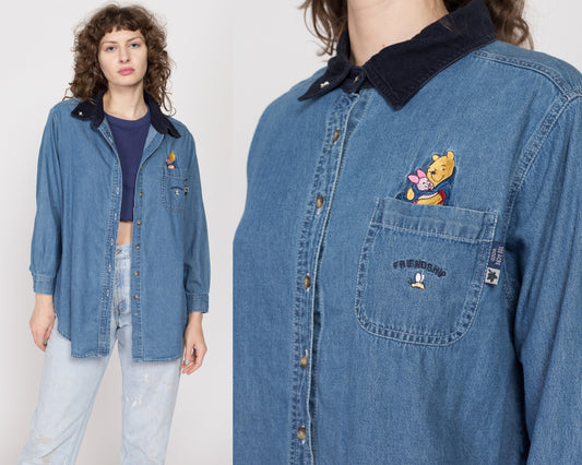 XL 90s Winnie The Pooh & Piglet Friendship Chambray Shirt | Vintage Blue Jean Button Up Disney Cartoon Collared Long Sleeve Denim Top