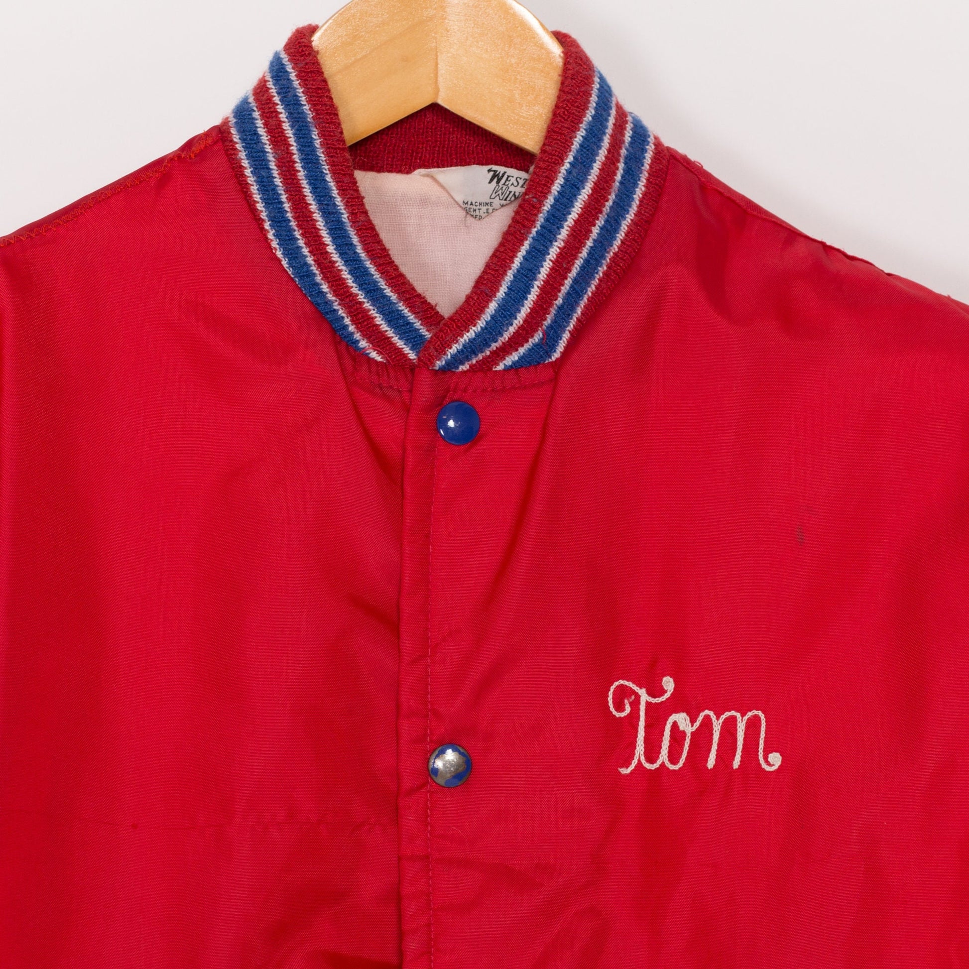 XS 80s All Star Sports Red Varsity Jacket | Vintage Striped Trim Team Bomber Windbreaker