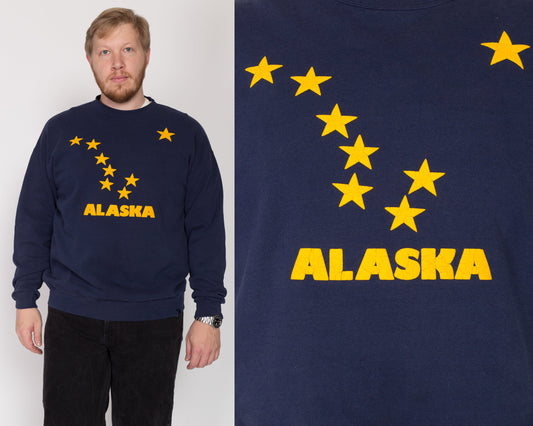 XL-XXL Alaska Constellation Sweatshirt | Vintage Navy Blue Big Dipper State Flag Graphic Tourist Crewneck