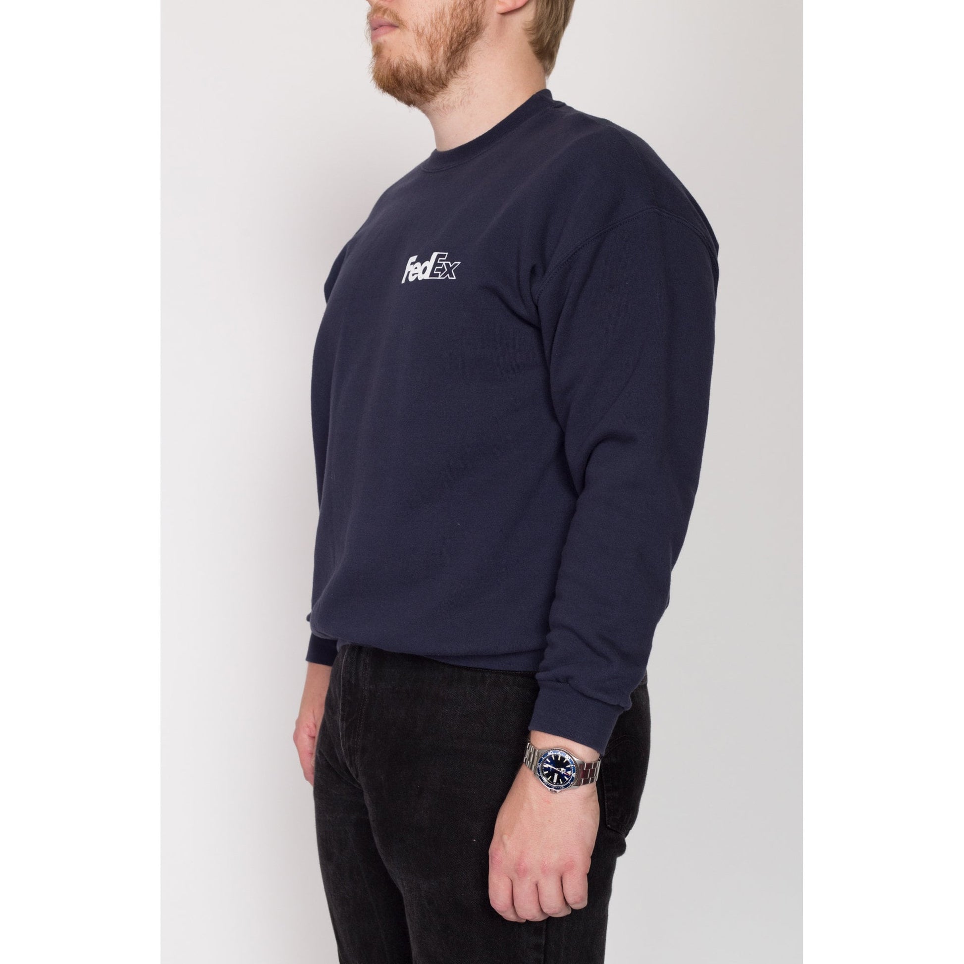 XL 90s Fed Ex Sweatshirt | Vintage Navy Blue Brand Logo Crewneck Pullover