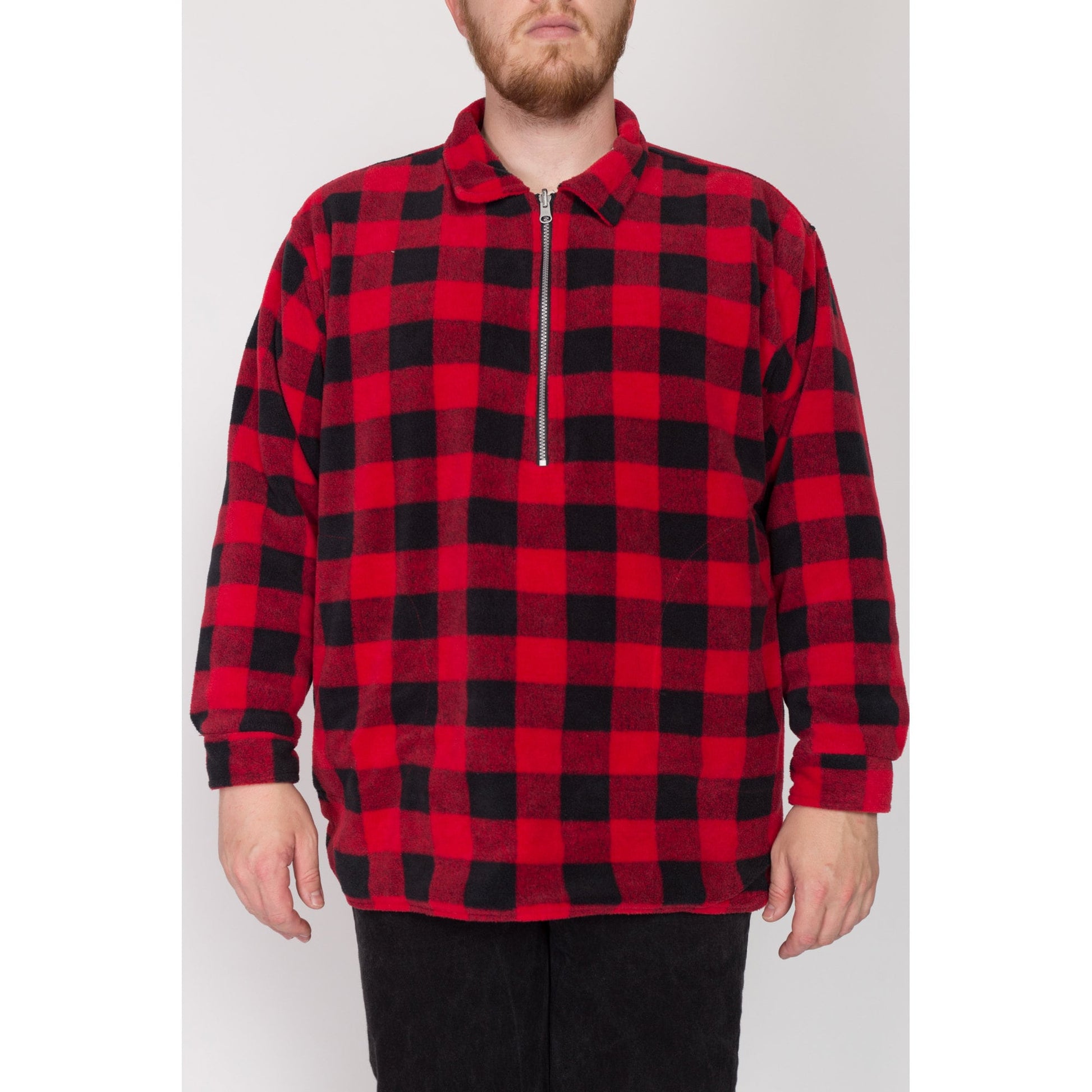 2X 90s Marlboro Reversible Fleece Sweatshirt | Vintage Red Black Buffalo Plaid Half Zip Pullover Overshirt