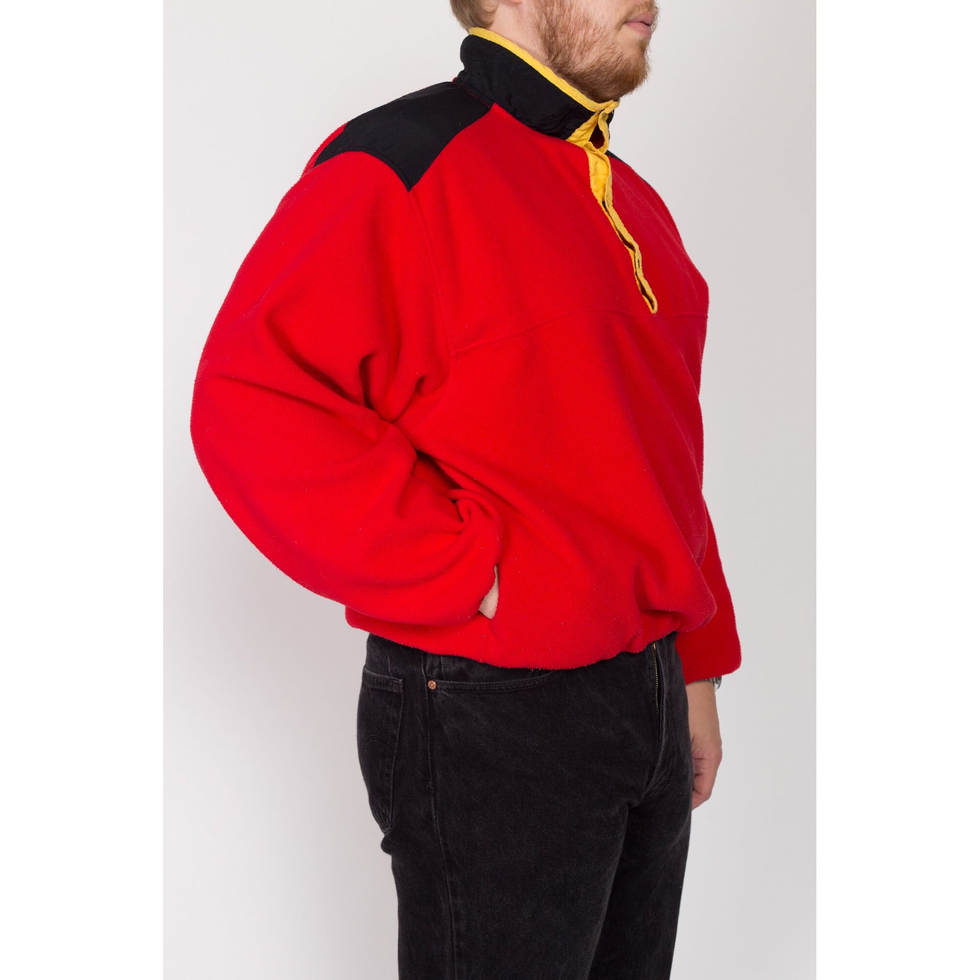 XL 90s Marlboro Adventure Team Red Fleece Sweatshirt | Vintage Streetwear Color Block Henley Pullover