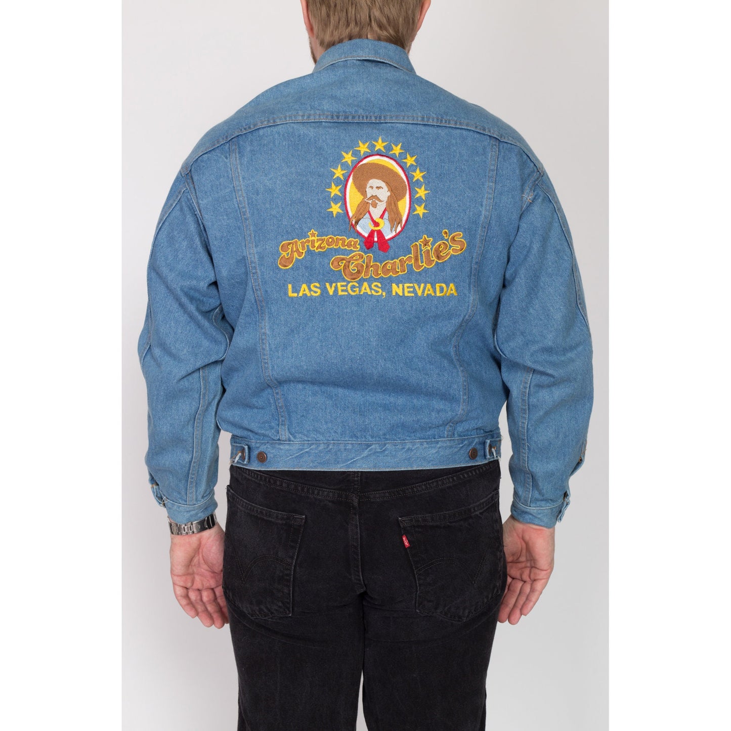 Large 90s Arizona Charlie's Las Vegas Casino Jean Jacket | Vintage Embroidered Hotel Logo Light Wash Denim Trucker Jacket