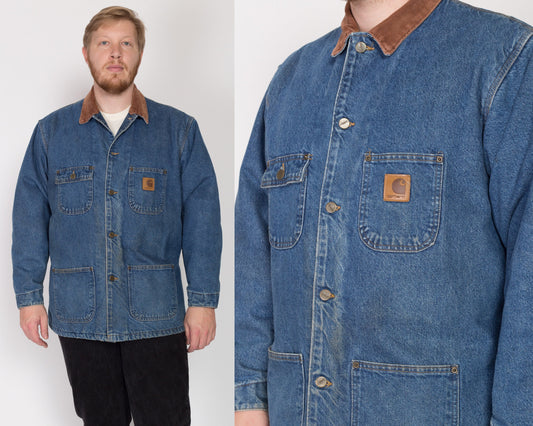 XL 90s Carhartt Denim Blanket Lined Chore Coat | Vintage Union Made In USA Corduroy Collar Workwear Jean Jacket