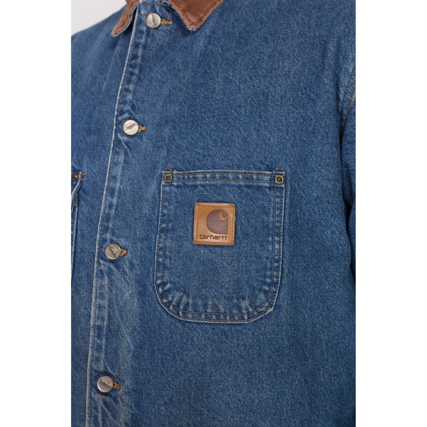 XL 90s Carhartt Denim Blanket Lined Chore Coat | Vintage Union Made In USA Corduroy Collar Workwear Jean Jacket