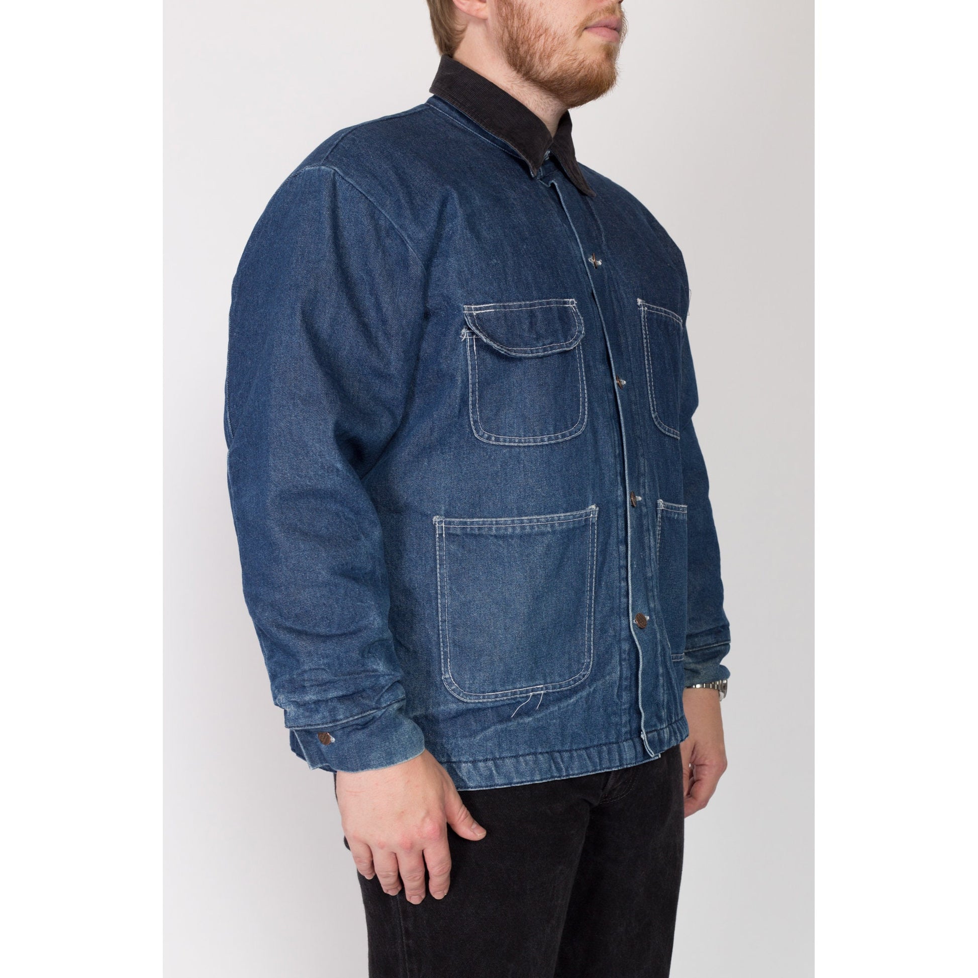 XL 90s Denim Blanket Lined Chore Coat | Vintage Bob Barker Co. Corduroy Collar Workwear Jean Jacket