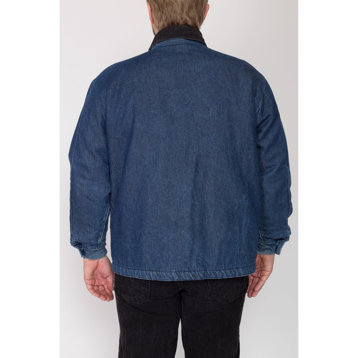 XL 90s Denim Blanket Lined Chore Coat | Vintage Bob Barker Co. Corduroy Collar Workwear Jean Jacket