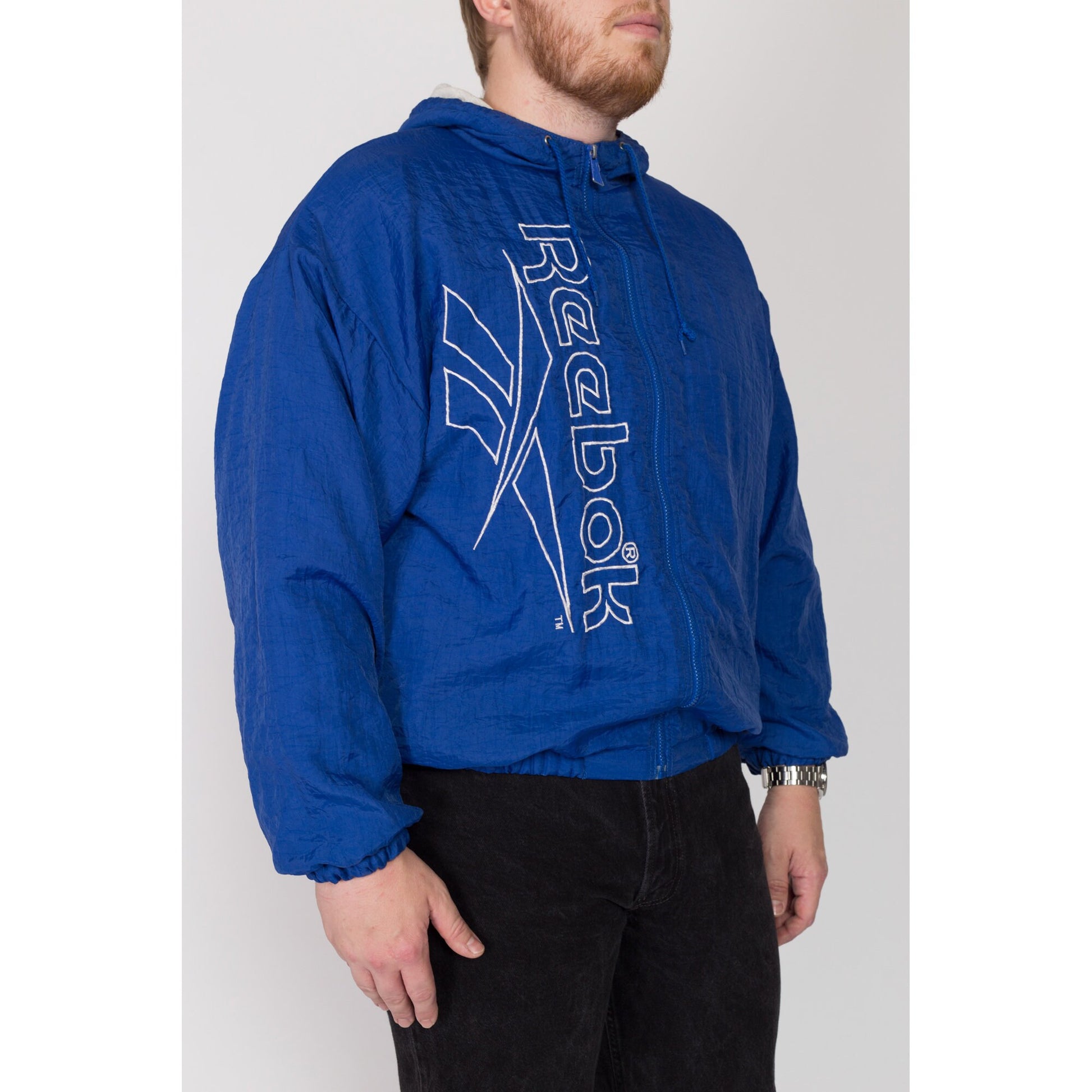 Large 90s Reebok Blue Hooded Big Logo Windbreaker | Vintage Zip Up Spell Out Streetwear Track Jacket