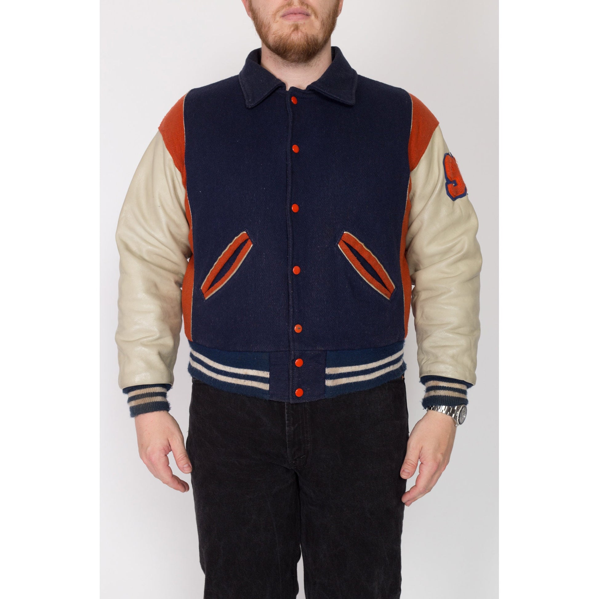 XL 70s Terrors Varsity Letterman Jacket | Vintage Team Logo Navy Blue Wool Leather Sleeve Athletic Coat