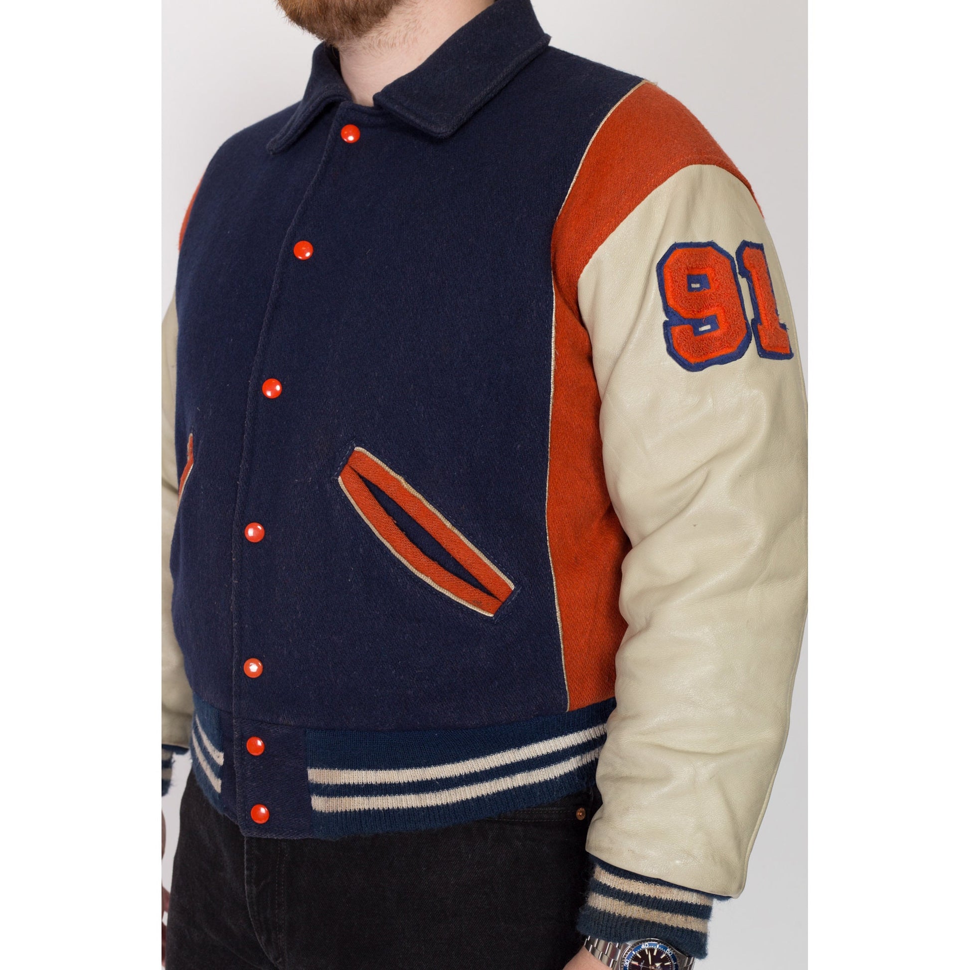 XL 70s Terrors Varsity Letterman Jacket | Vintage Team Logo Navy Blue Wool Leather Sleeve Athletic Coat