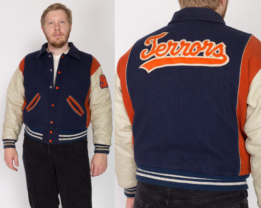 XL 70s Terrors Varsity Letterman Jacket | Vintage Team Logo Navy Blue Wool Leather Sleeve Athletic Coat