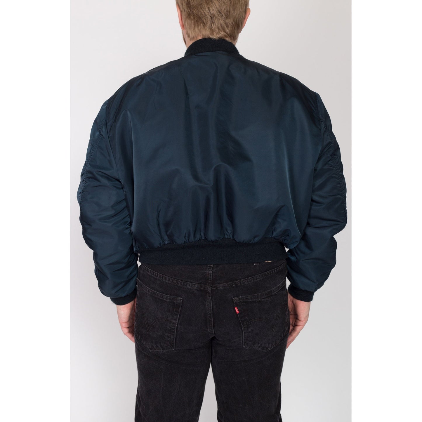 2X 90s MA-1 Reversible Bomber Flight Jacket | Vintage Navy Blue Satin Orange Lined Puffy Cropped Coat