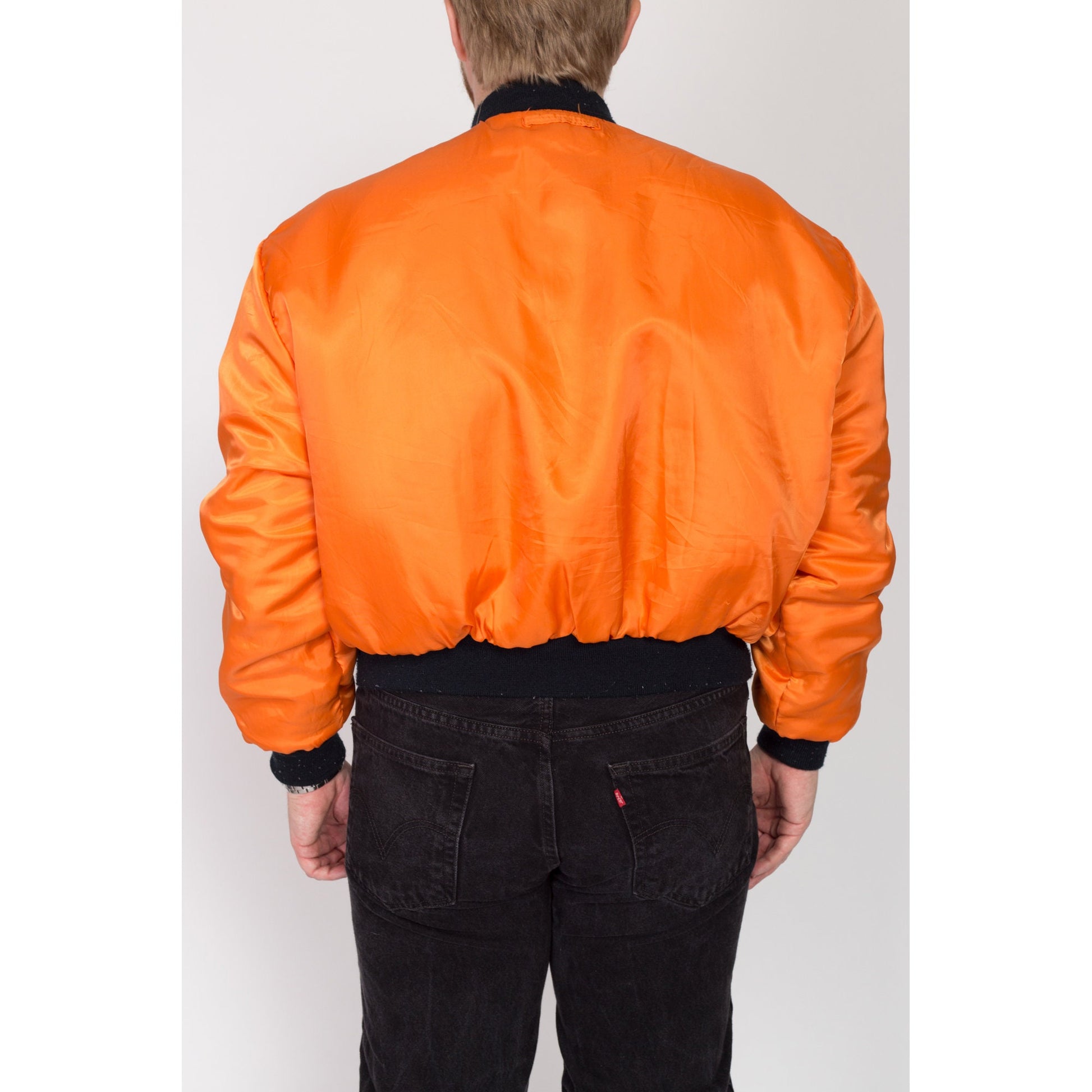 2X 90s MA-1 Reversible Bomber Flight Jacket | Vintage Navy Blue Satin Orange Lined Puffy Cropped Coat