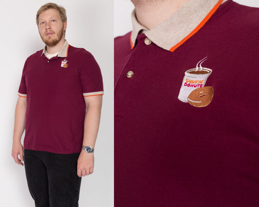 XL 90s Dunkin Donuts Uniform Polo Shirt | Vintage Wine Red Striped Trim Short Sleeve Staff Shirt