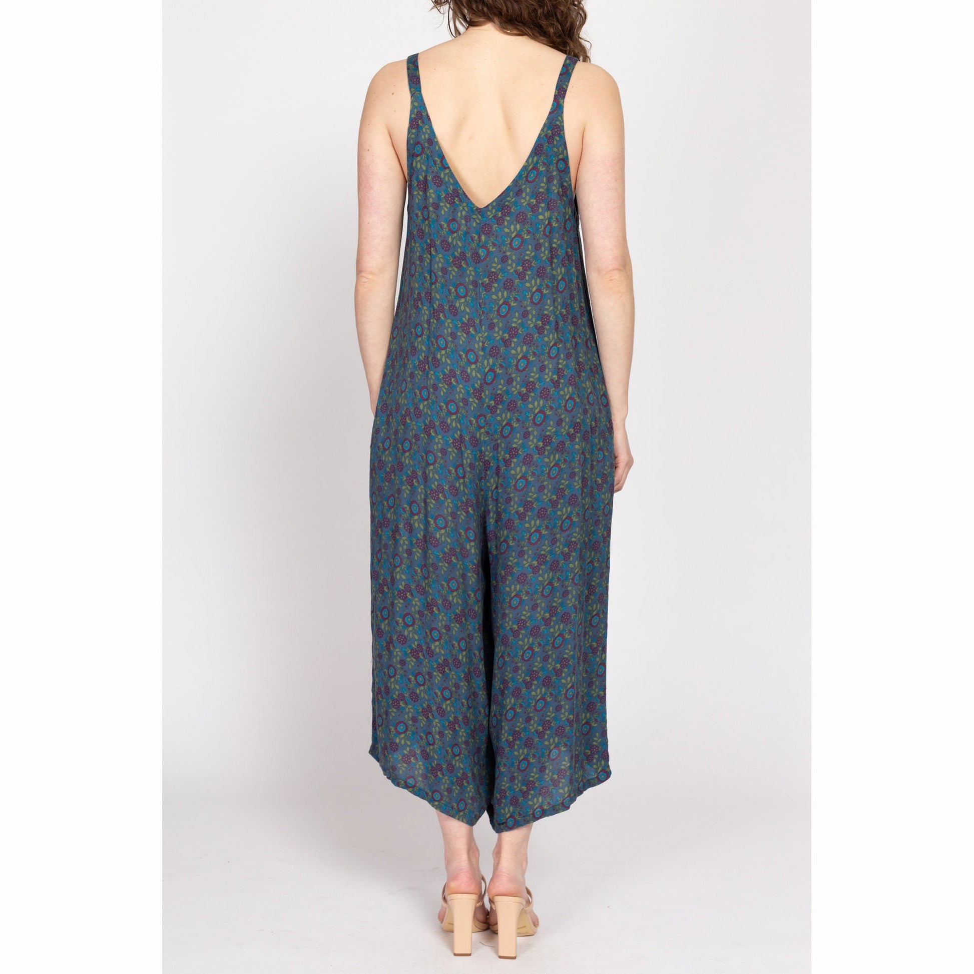 Large Vintage Blue Floral Loungewear Jumpsuit | Y2K Boho Oversize Sleeveless Rayon Wide Leg Jumpsuit