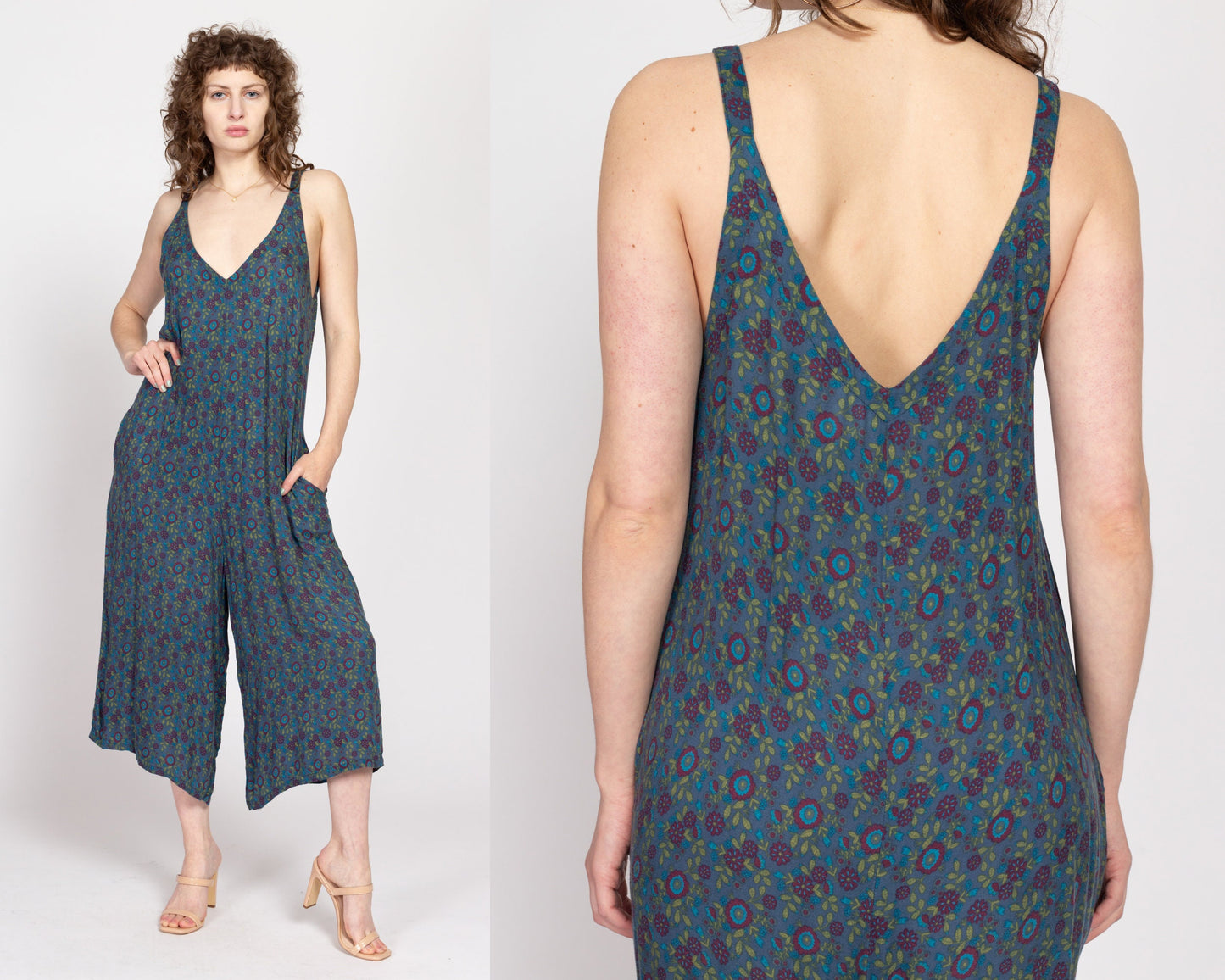 Large Vintage Blue Floral Loungewear Jumpsuit | Y2K Boho Oversize Sleeveless Rayon Wide Leg Jumpsuit