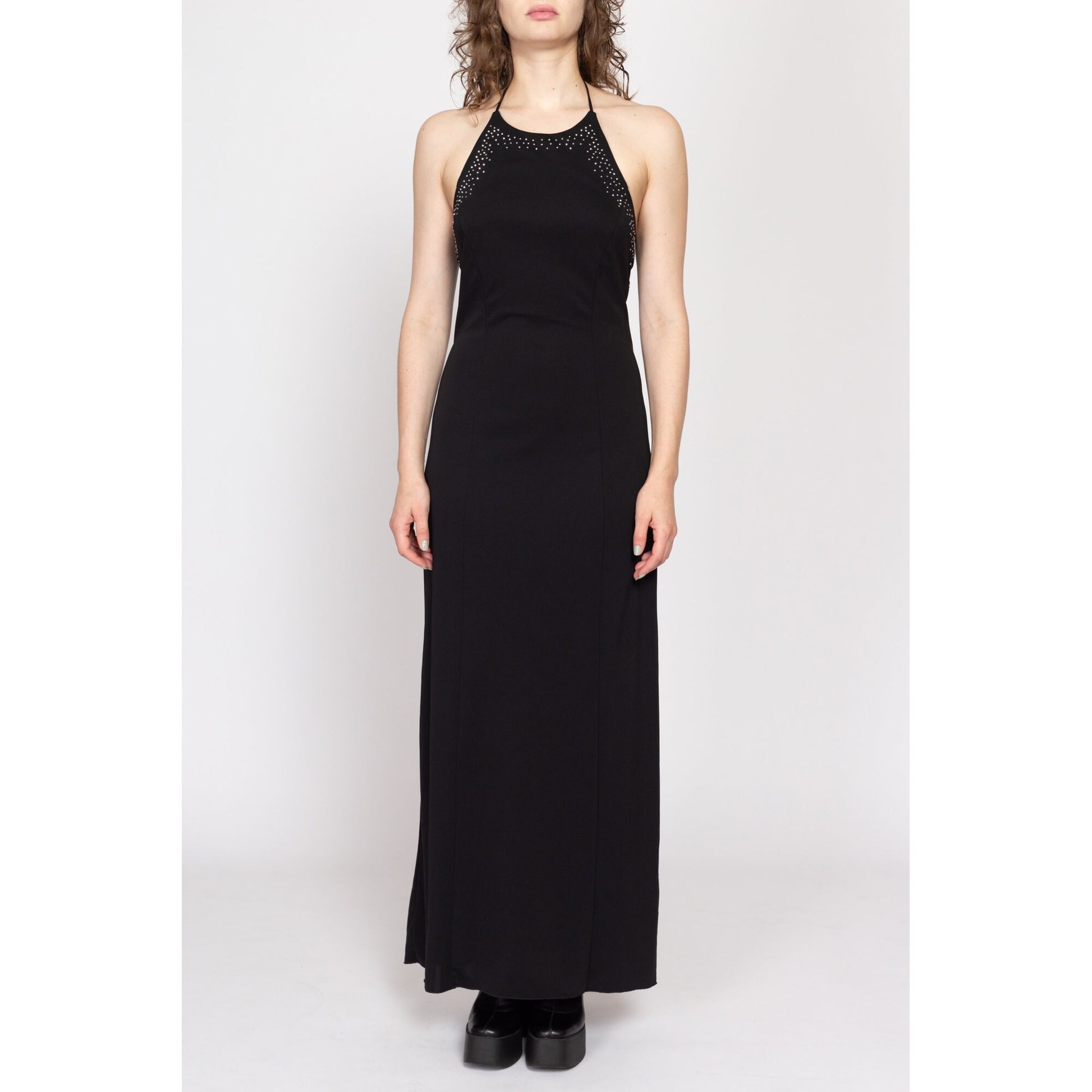 Medium 90s Black Beaded Sheer Low Back Maxi Dress | Vintage Halter Sleeveless Slinky Sexy Formal Train Gown