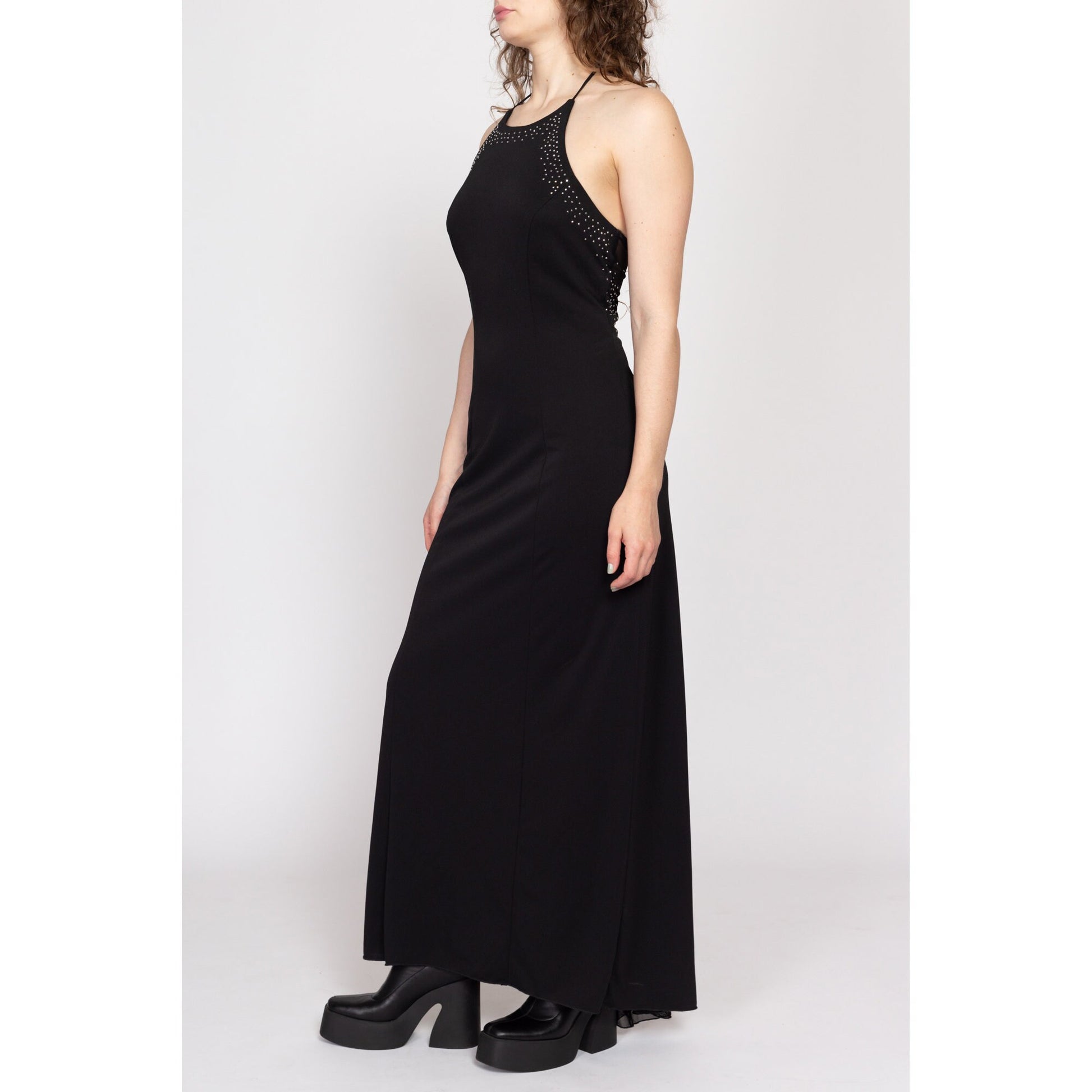 90s Black Beaded Sheer Low Back Maxi Dress - Medium 90s Black Beaded Sheer Low Back Maxi Dress - Medium