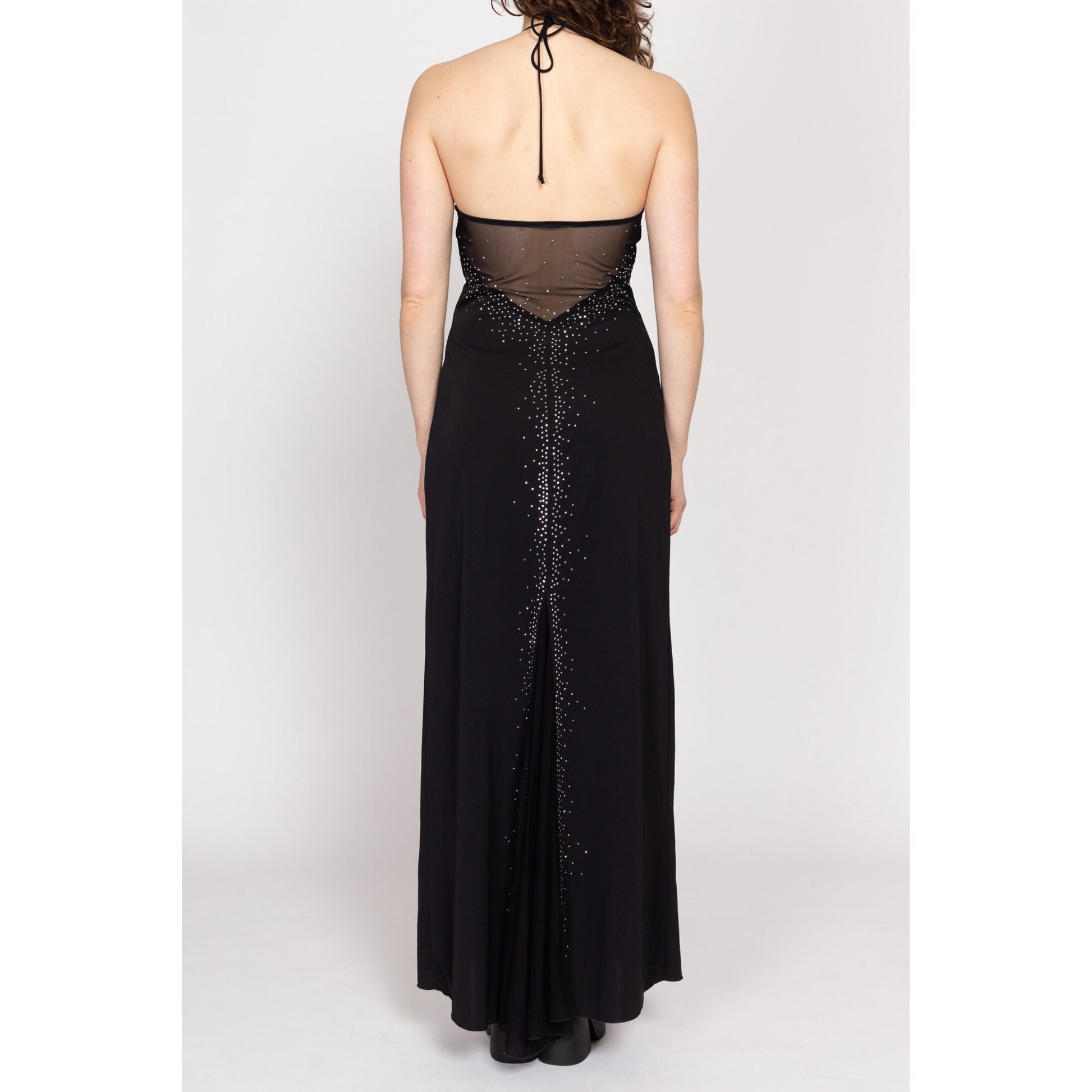 dark blue casual dress 90s Black Beaded Sheer Low Back Maxi Dress
