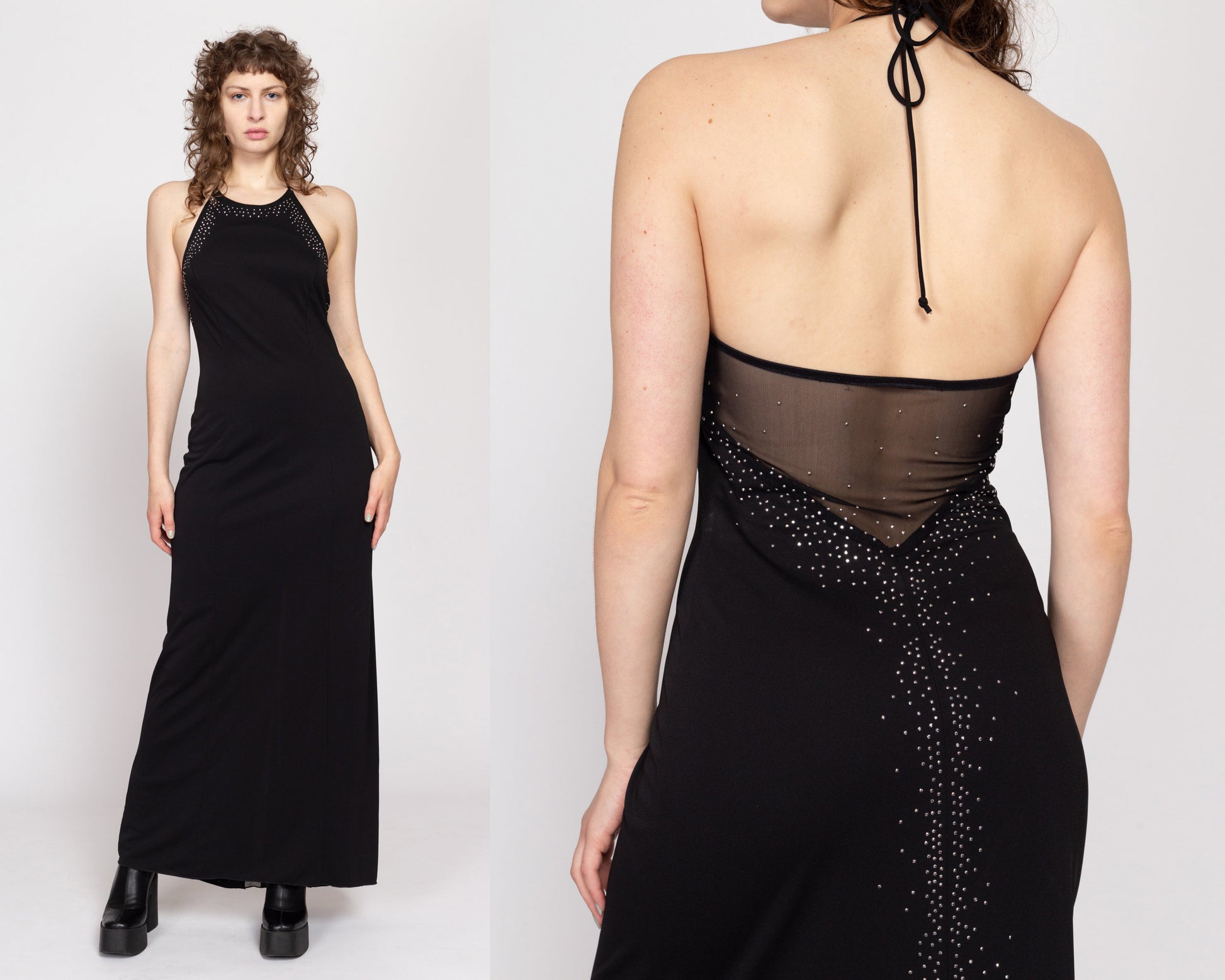 90s Black Beaded Sheer Low Back Maxi Dress - Medium Flying Apple Vintage 90s Black Beaded Sheer Low Back Maxi Dress - Medium Flying Apple Vintage